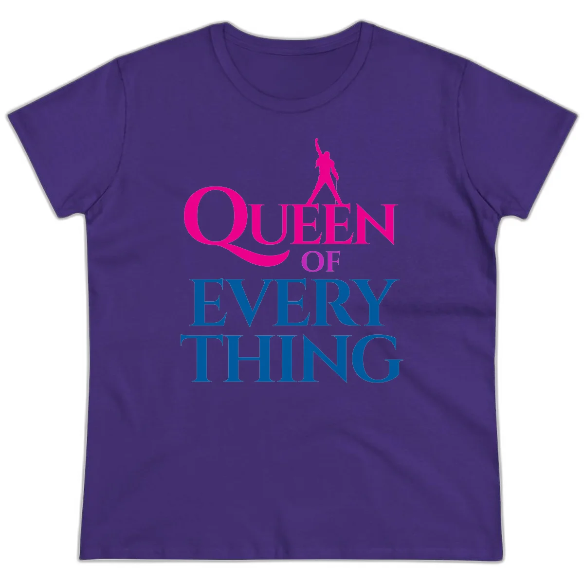 Magenta silhouette of confident figure with raised fist above bold 'Queen Of Every Thing' text in blue and pink in Purple