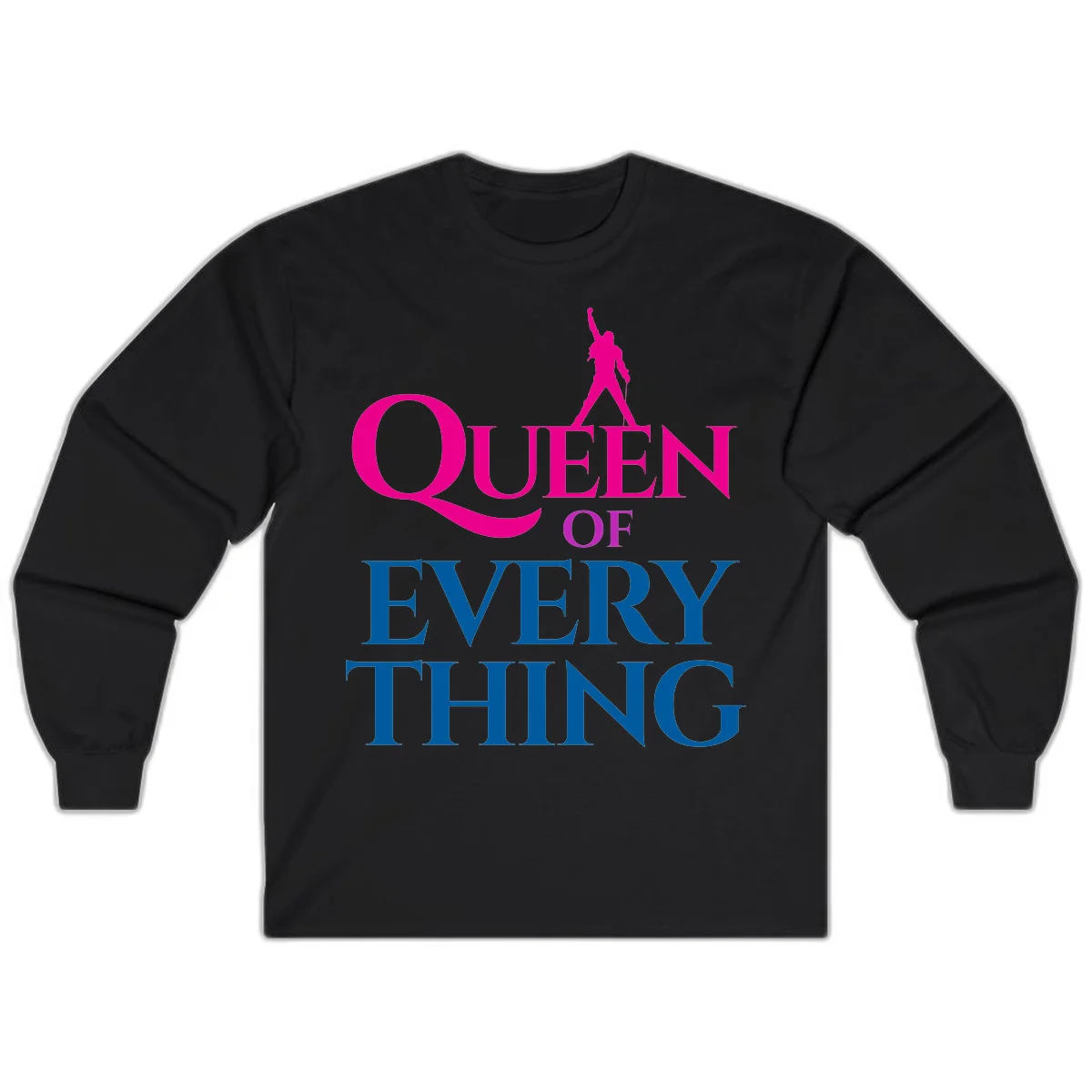 Magenta silhouette of confident figure with raised fist above bold 'Queen Of Every Thing' text in blue and pink in Black
