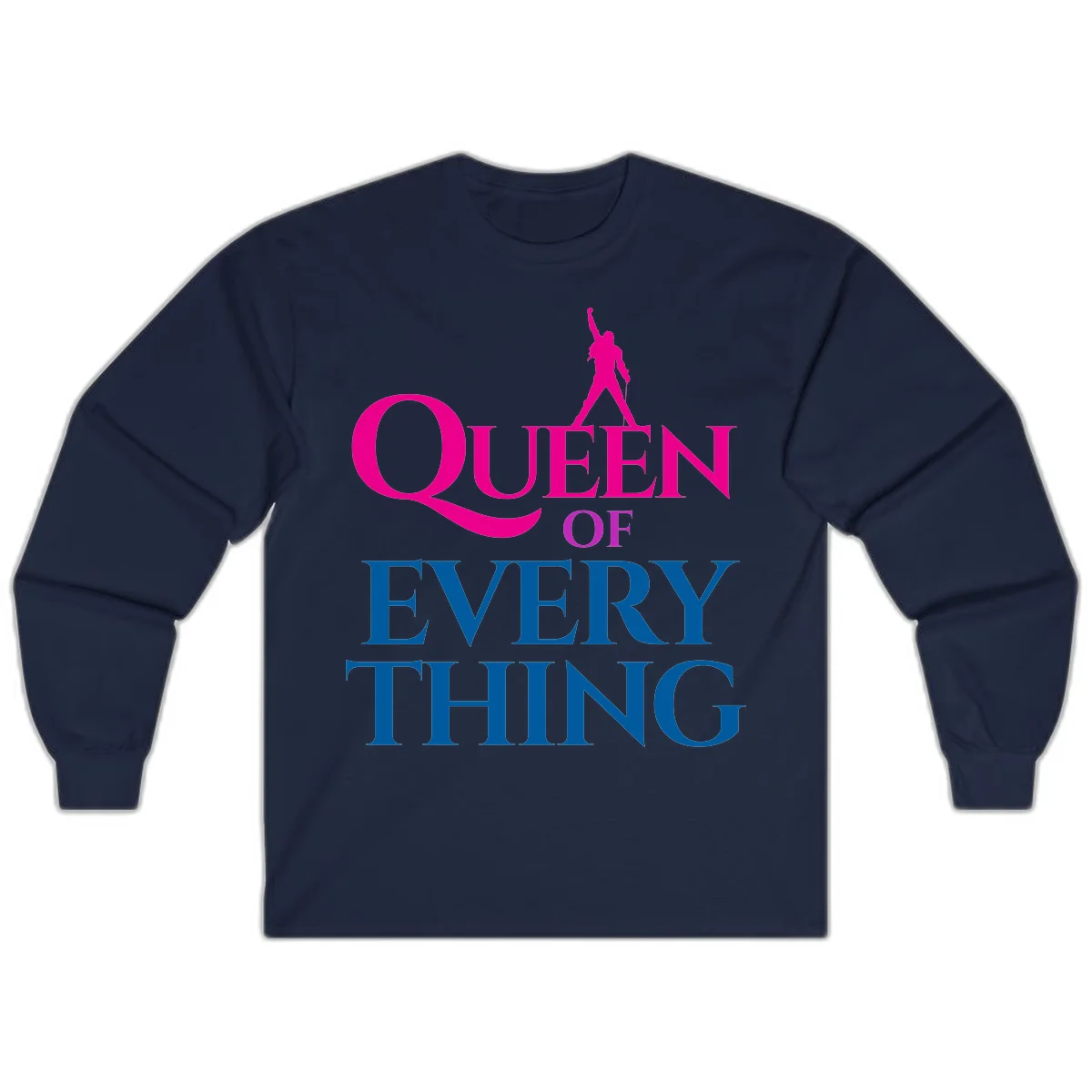 Magenta silhouette of confident figure with raised fist above bold 'Queen Of Every Thing' text in blue and pink in Navy