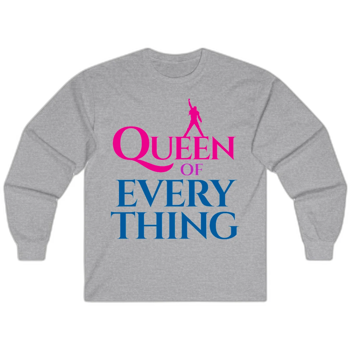 Magenta silhouette of confident figure with raised fist above bold 'Queen Of Every Thing' text in blue and pink in Sport Grey