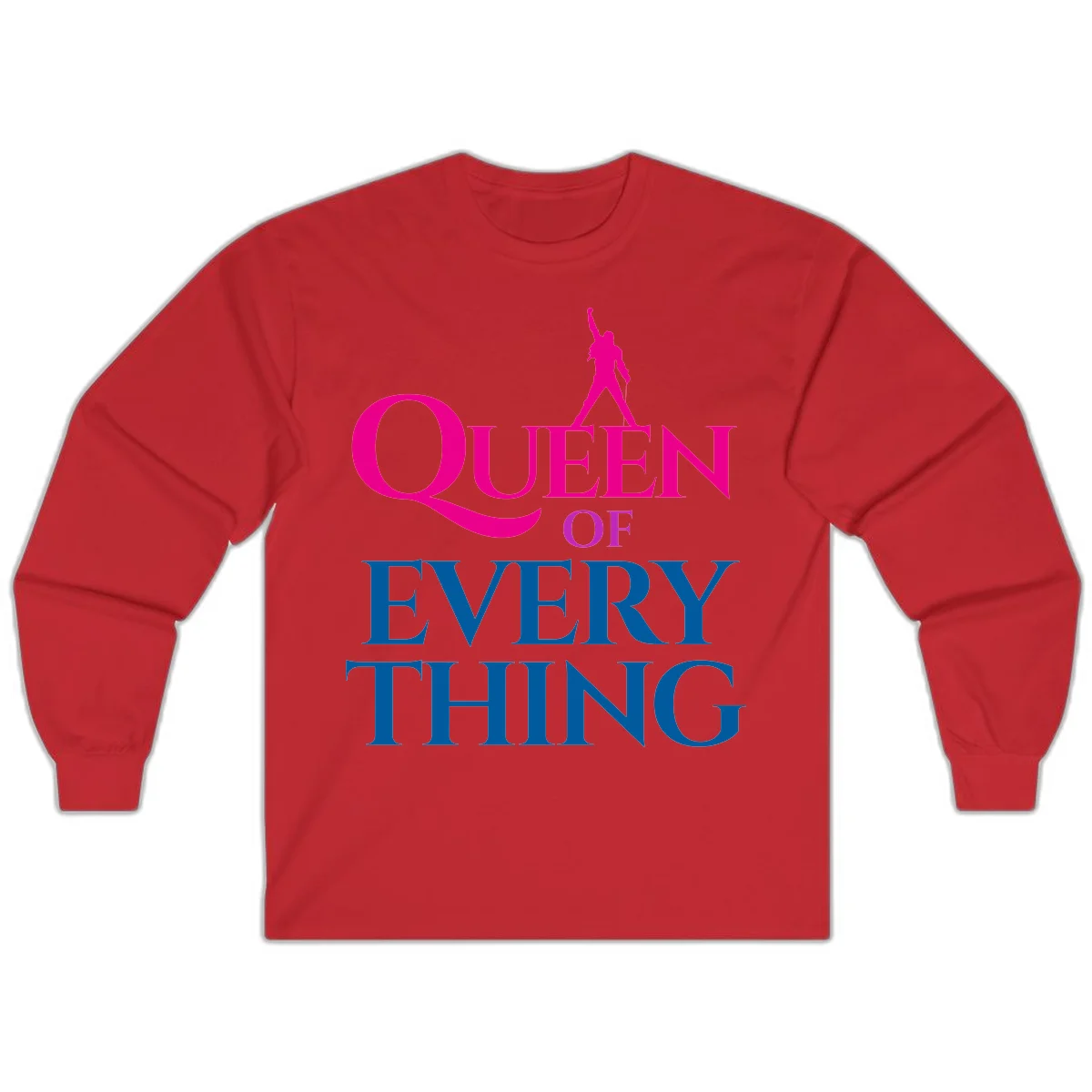 Magenta silhouette of confident figure with raised fist above bold 'Queen Of Every Thing' text in blue and pink in Red