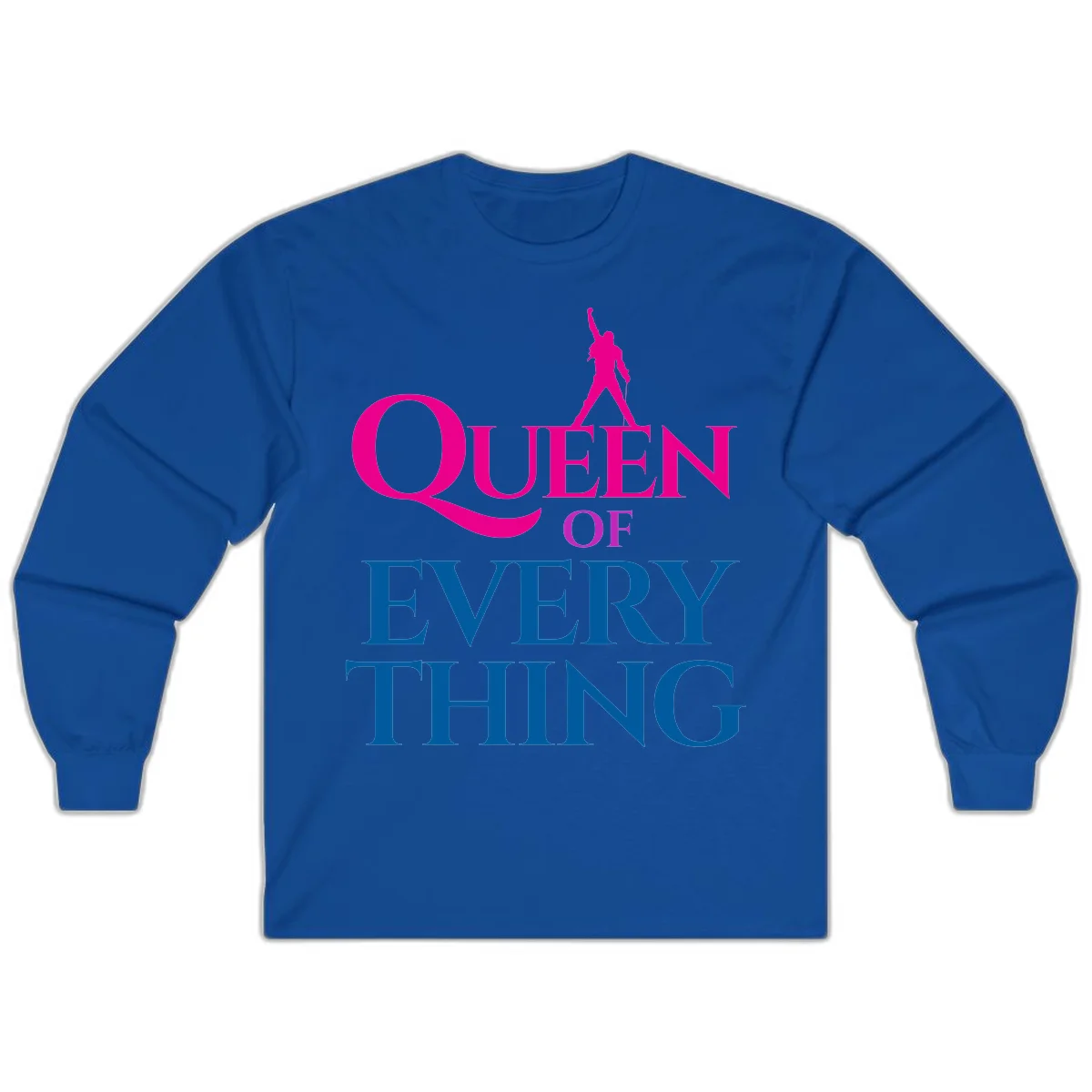 Magenta silhouette of confident figure with raised fist above bold 'Queen Of Every Thing' text in blue and pink in Royal