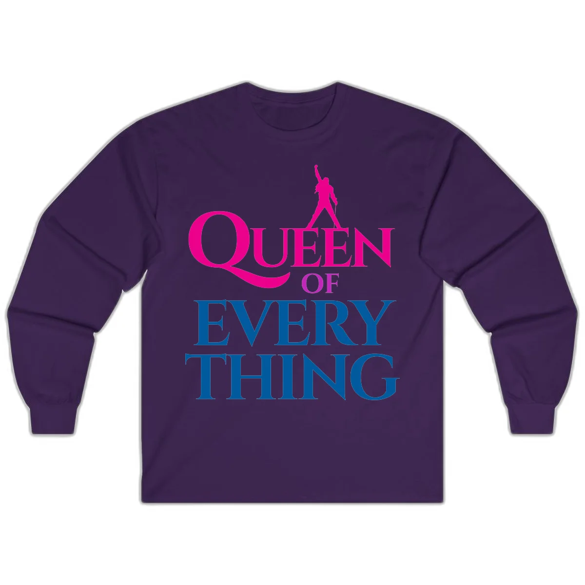 Magenta silhouette of confident figure with raised fist above bold 'Queen Of Every Thing' text in blue and pink in Purple