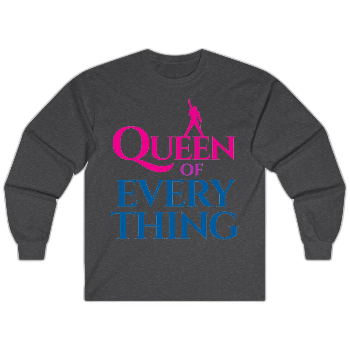 Magenta silhouette of confident figure with raised fist above bold 'Queen Of Every Thing' text in blue and pink in Dark Heather