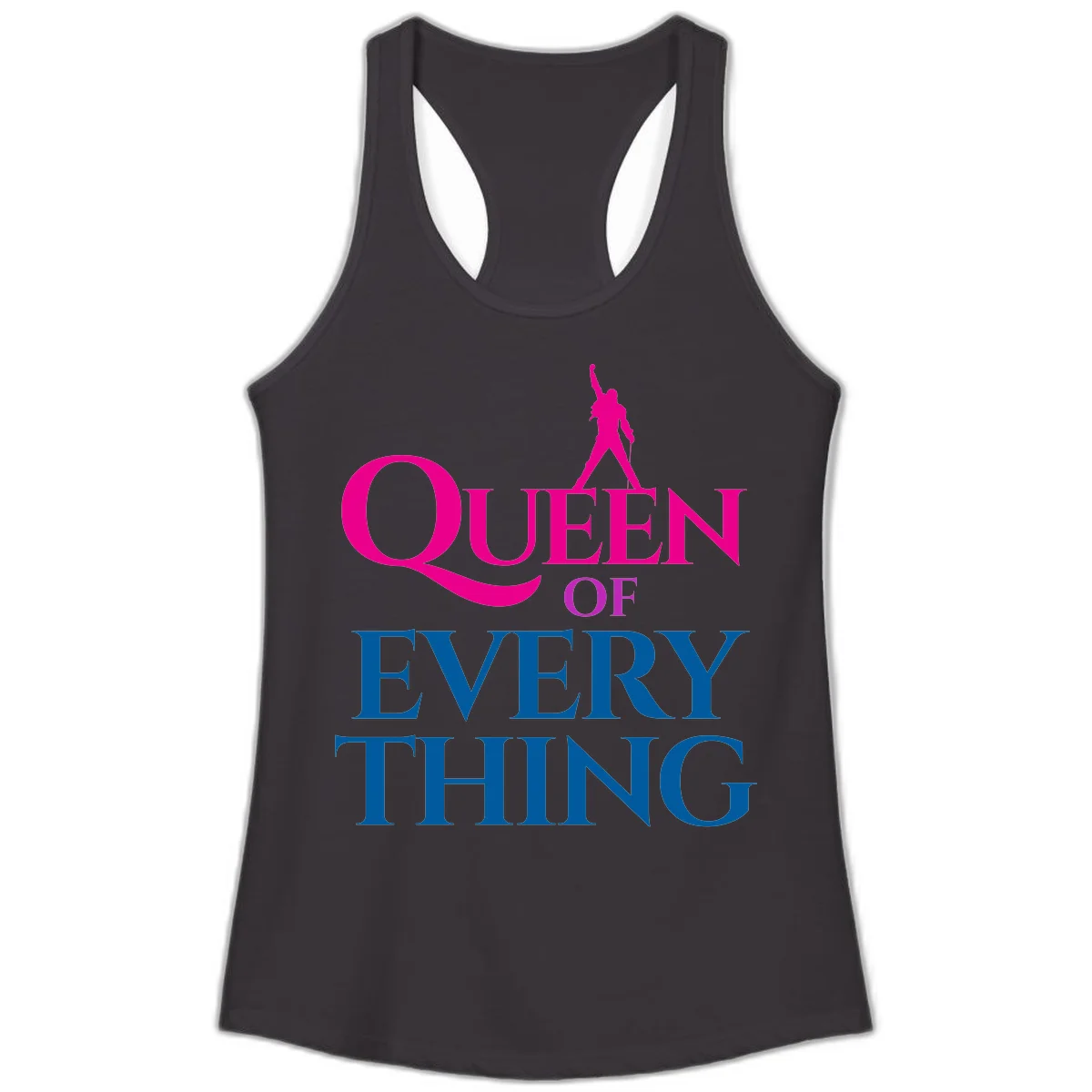 Magenta silhouette of confident figure with raised fist above bold 'Queen Of Every Thing' text in blue and pink in Black