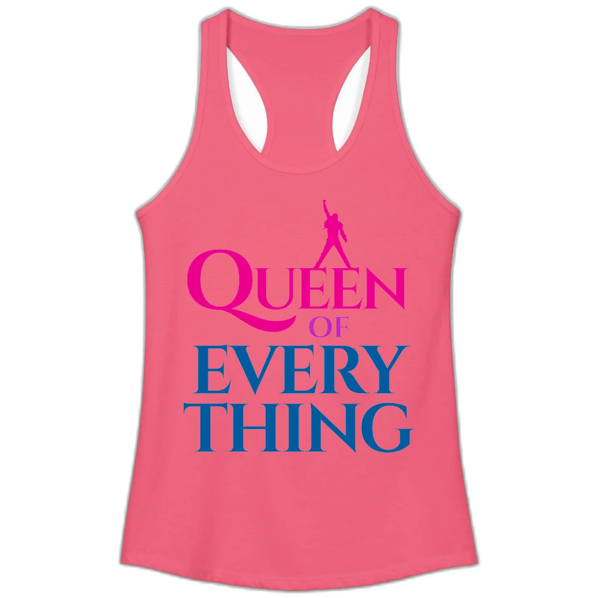 Magenta silhouette of confident figure with raised fist above bold 'Queen Of Every Thing' text in blue and pink in Hot Pink