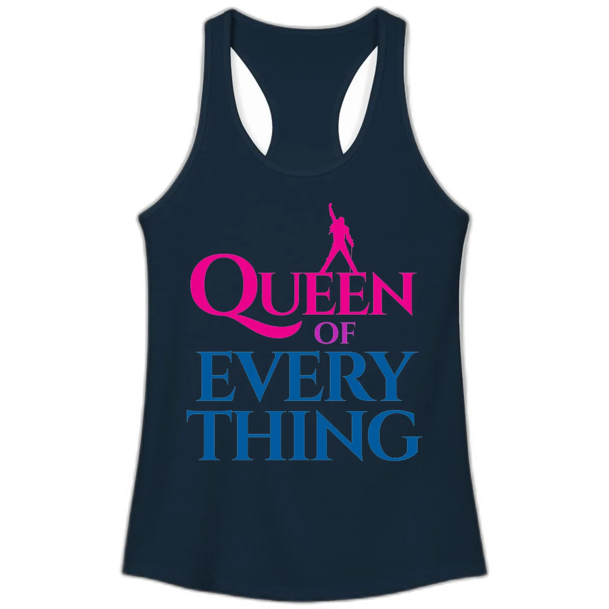 Magenta silhouette of confident figure with raised fist above bold 'Queen Of Every Thing' text in blue and pink in Solid Midnight Navy