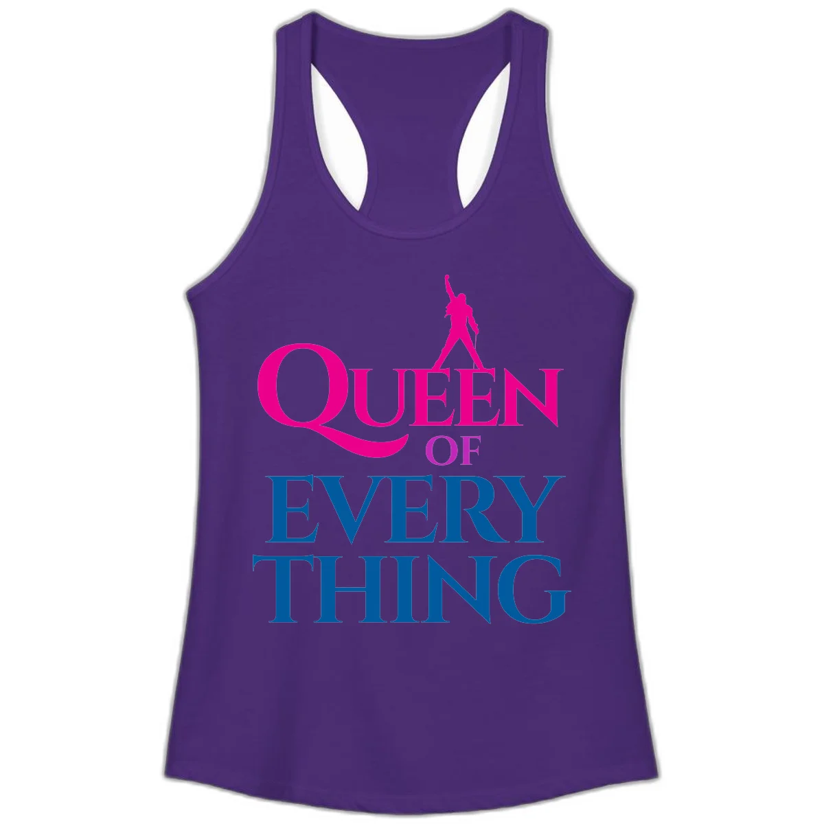 Magenta silhouette of confident figure with raised fist above bold 'Queen Of Every Thing' text in blue and pink in Solid Purple Rush