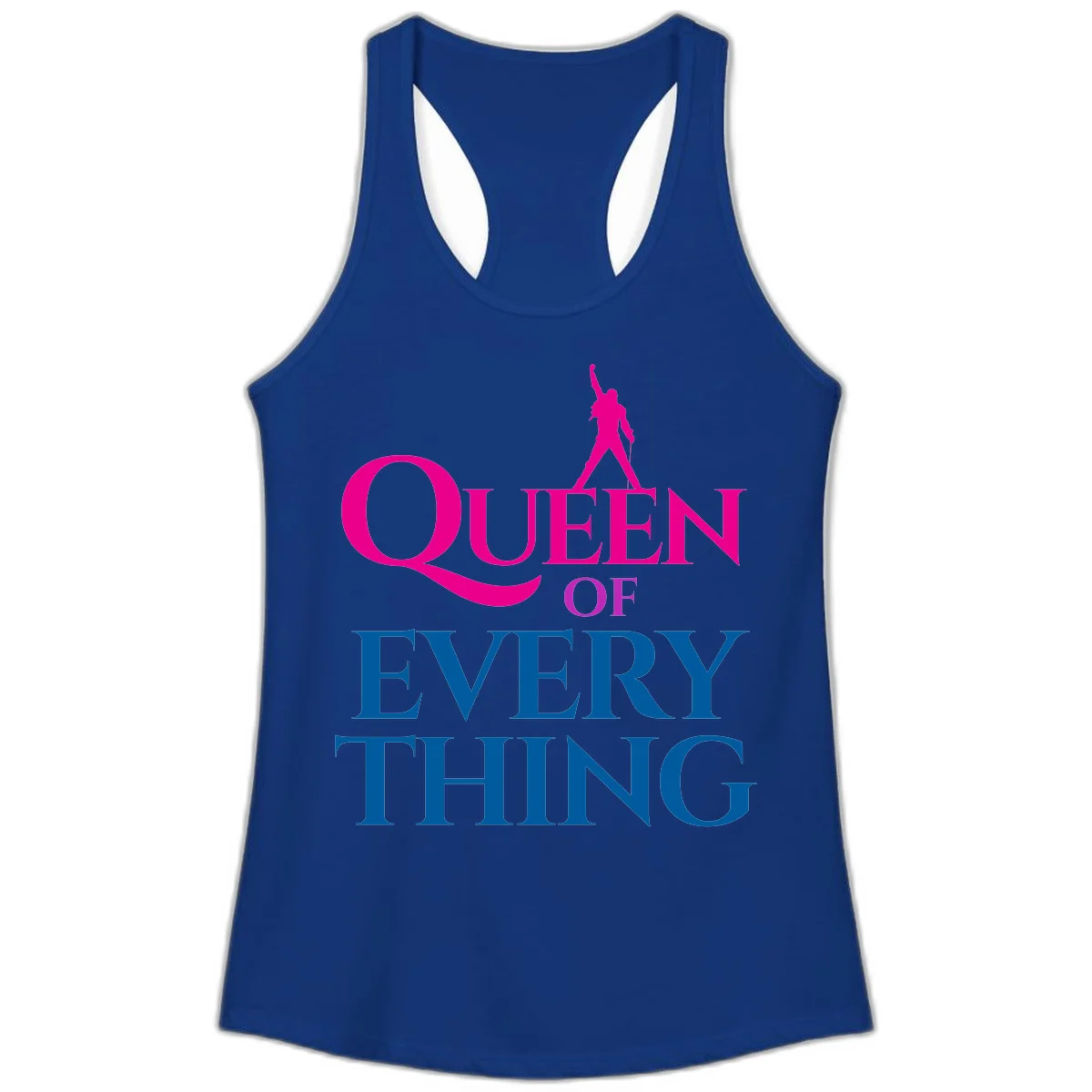 Magenta silhouette of confident figure with raised fist above bold 'Queen Of Every Thing' text in blue and pink in Solid Royal