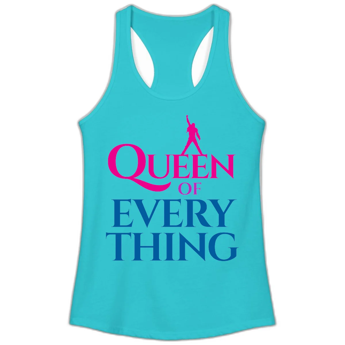 Magenta silhouette of confident figure with raised fist above bold 'Queen Of Every Thing' text in blue and pink in Solid Tahiti Blue