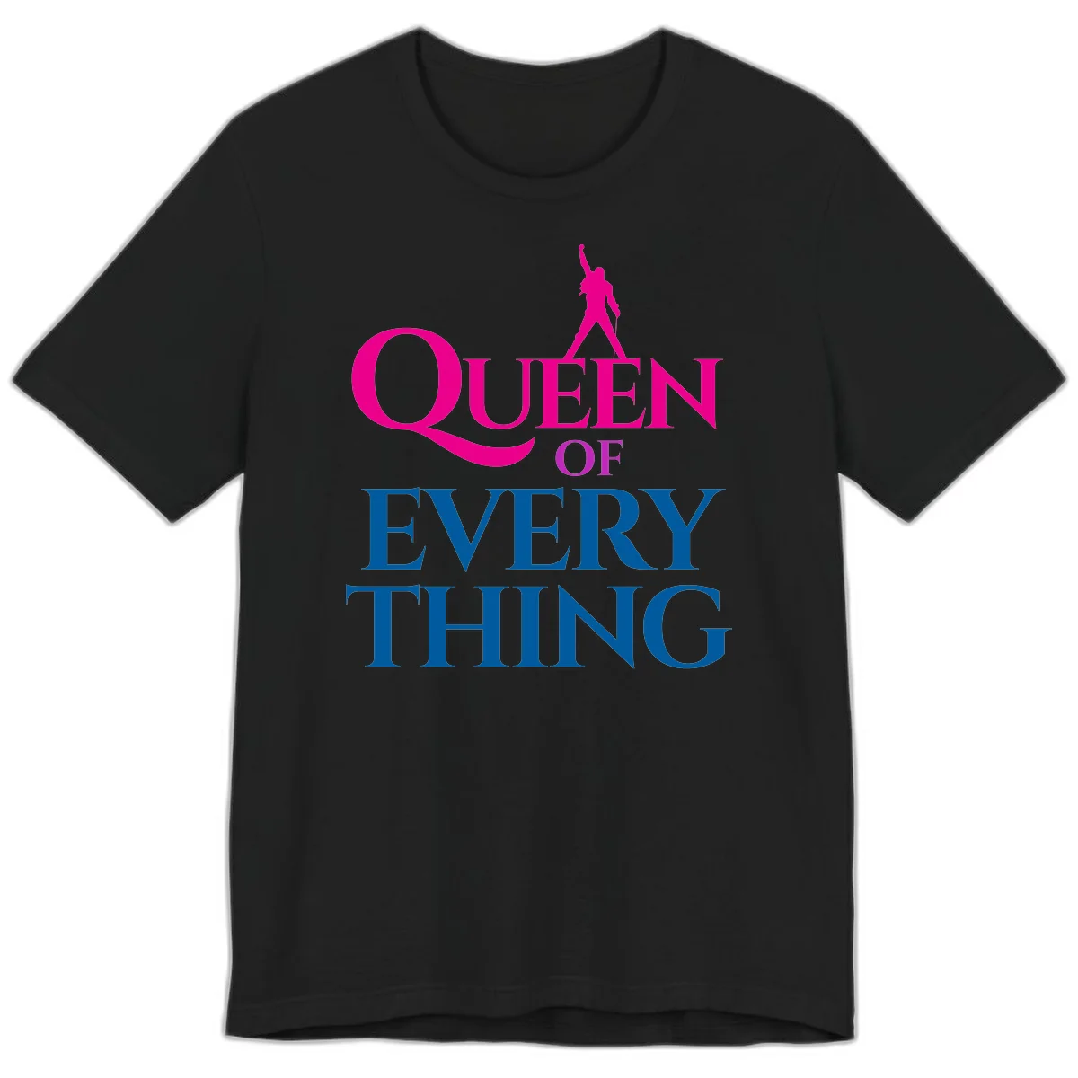 Magenta silhouette of confident figure with raised fist above bold 'Queen Of Every Thing' text in blue and pink in Black