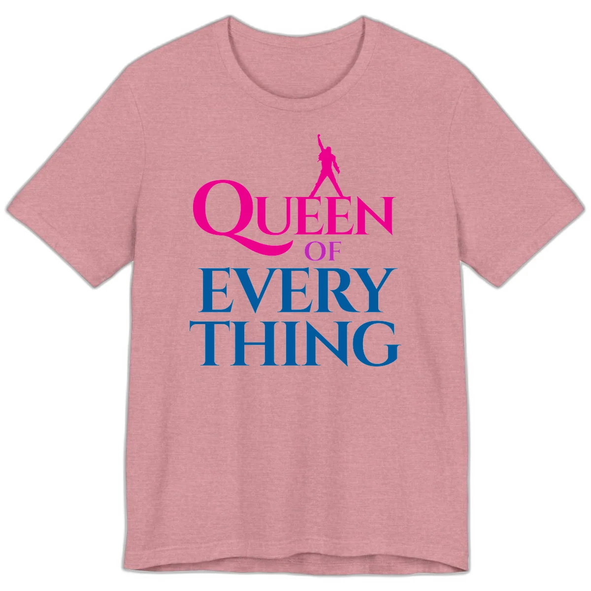 Magenta silhouette of confident figure with raised fist above bold 'Queen Of Every Thing' text in blue and pink in Heather Orchid