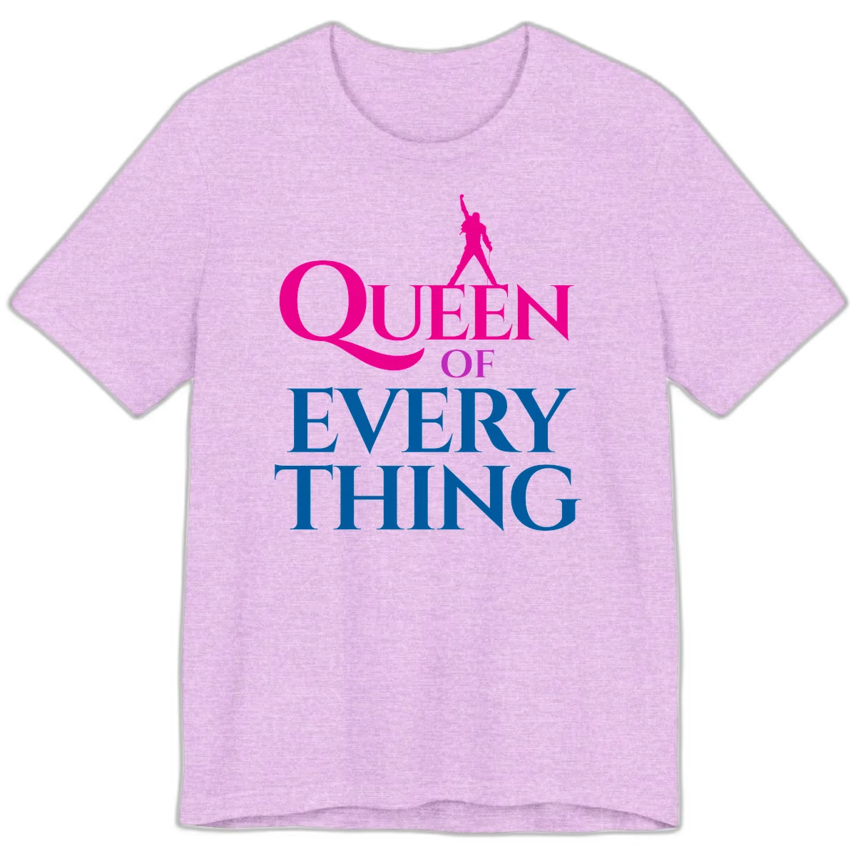 Magenta silhouette of confident figure with raised fist above bold 'Queen Of Every Thing' text in blue and pink in Heather Prism Lilac
