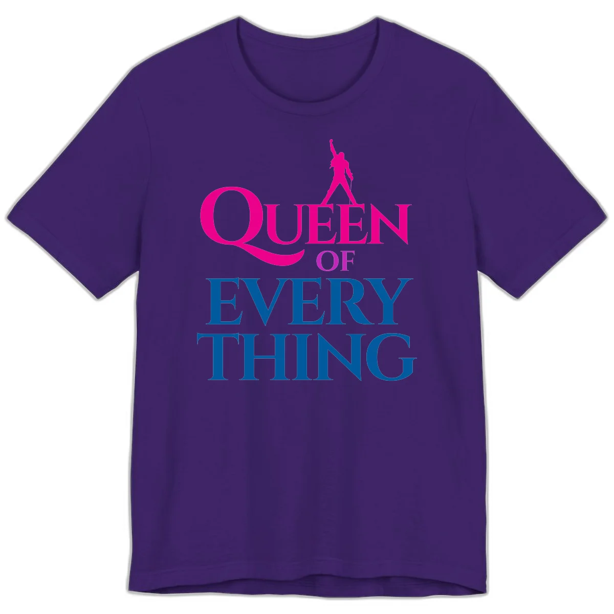 Magenta silhouette of confident figure with raised fist above bold 'Queen Of Every Thing' text in blue and pink in Team Purple