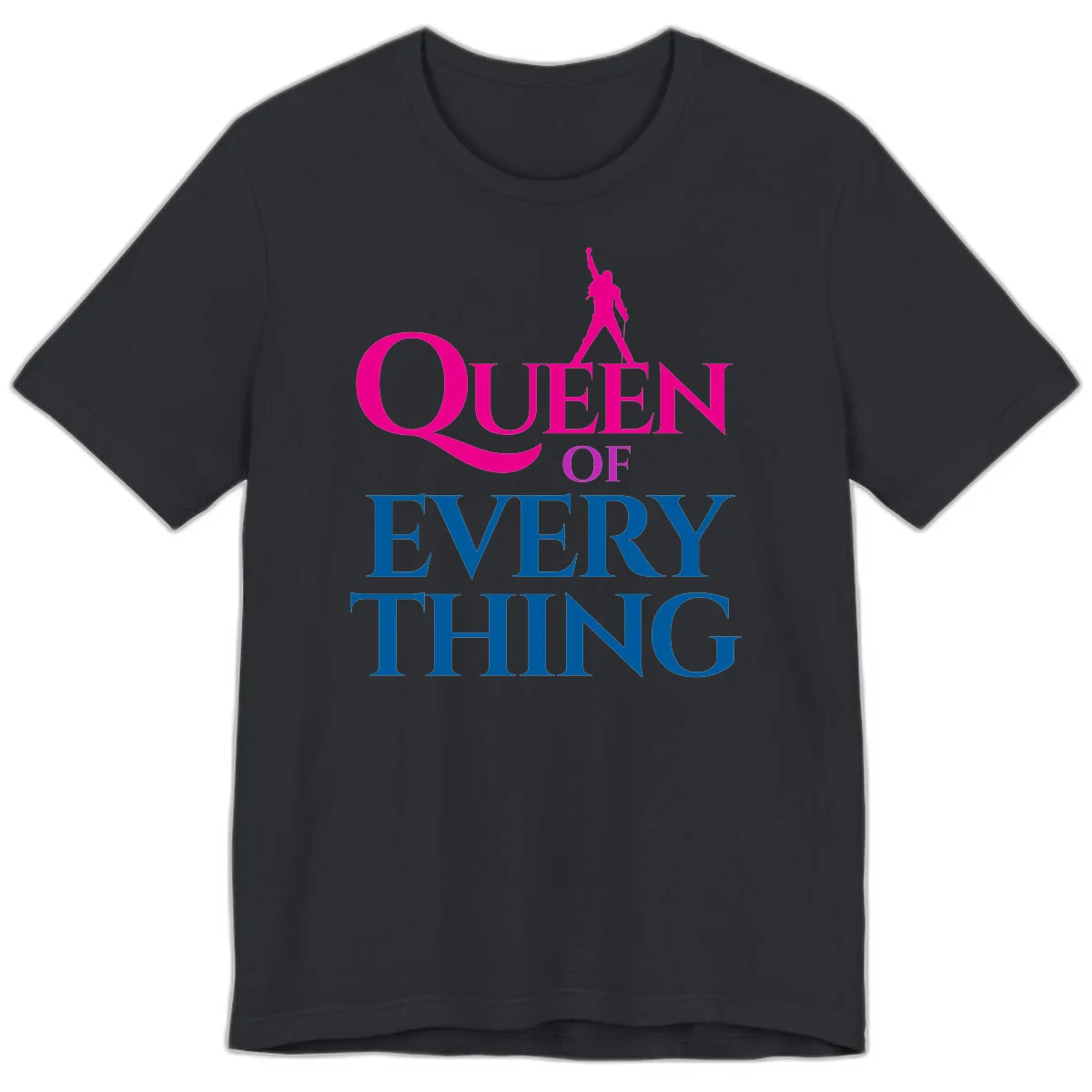 Magenta silhouette of confident figure with raised fist above bold 'Queen Of Every Thing' text in blue and pink in Vintage Black