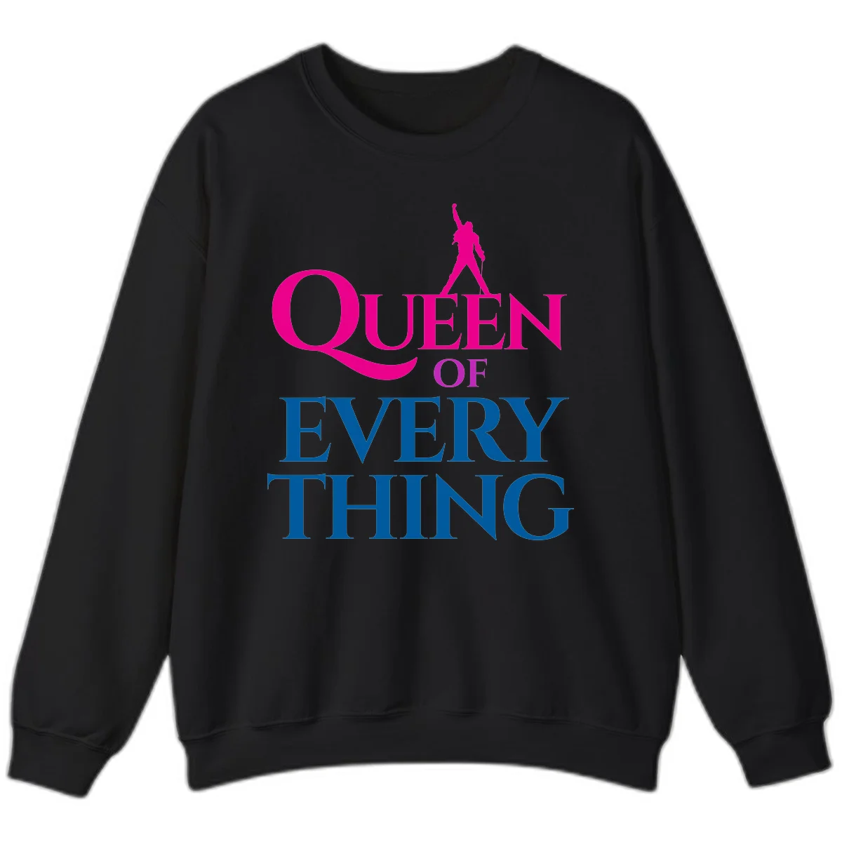 Magenta silhouette of confident figure with raised fist above bold 'Queen Of Every Thing' text in blue and pink in Black