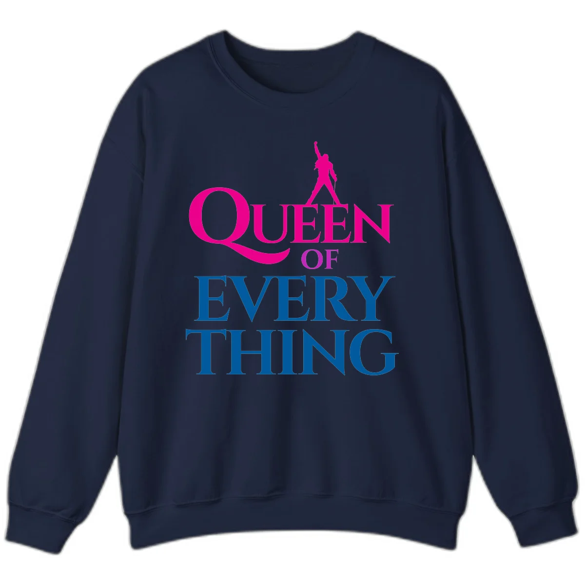 Magenta silhouette of confident figure with raised fist above bold 'Queen Of Every Thing' text in blue and pink in Navy