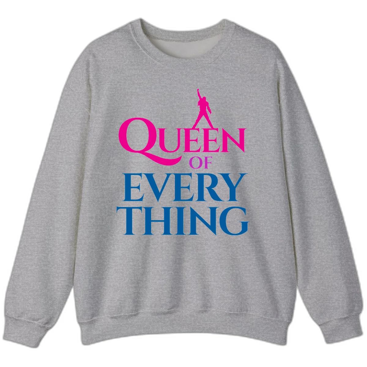 Magenta silhouette of confident figure with raised fist above bold 'Queen Of Every Thing' text in blue and pink in Sport Grey