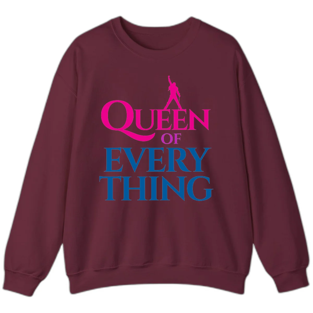 Magenta silhouette of confident figure with raised fist above bold 'Queen Of Every Thing' text in blue and pink in Maroon