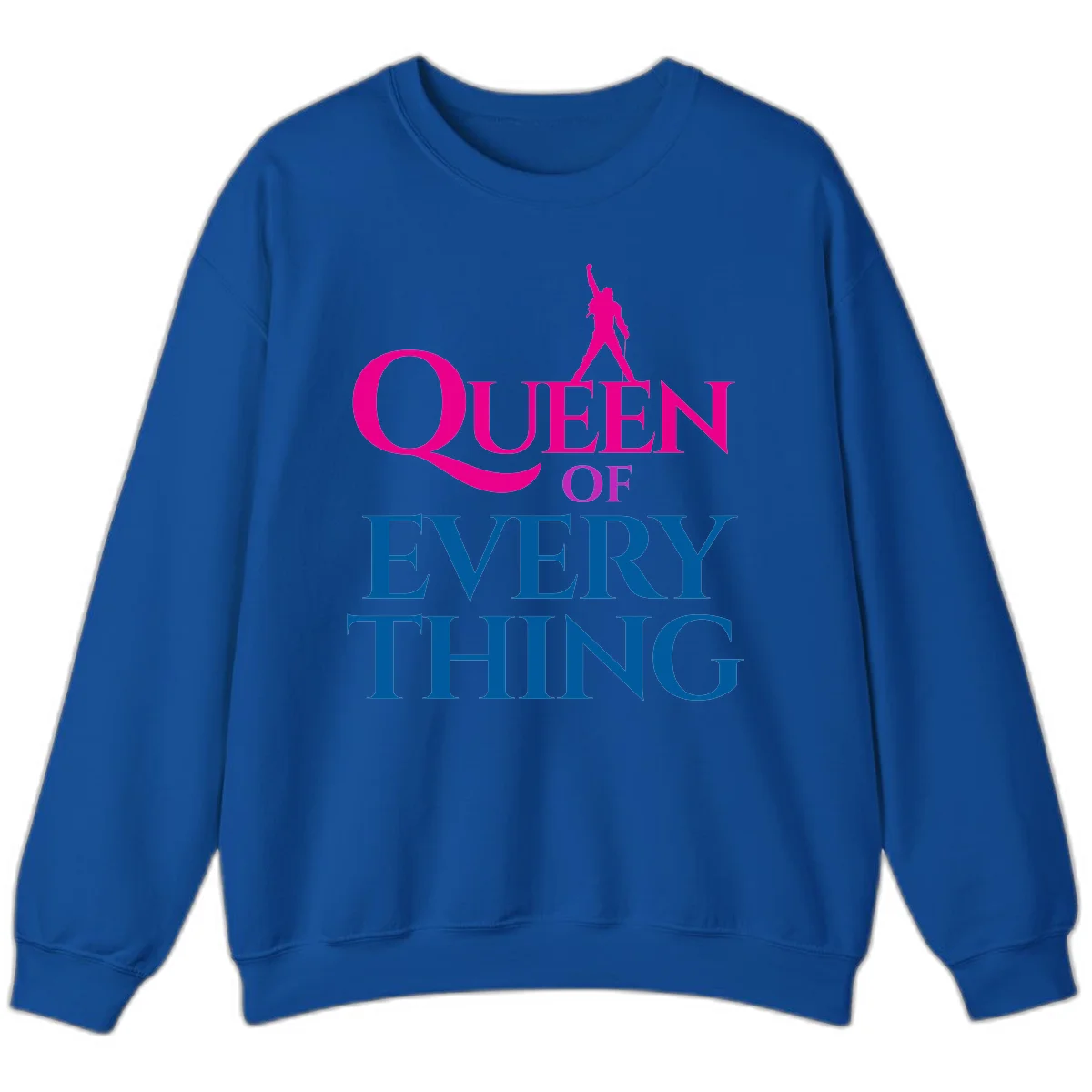 Magenta silhouette of confident figure with raised fist above bold 'Queen Of Every Thing' text in blue and pink in Royal