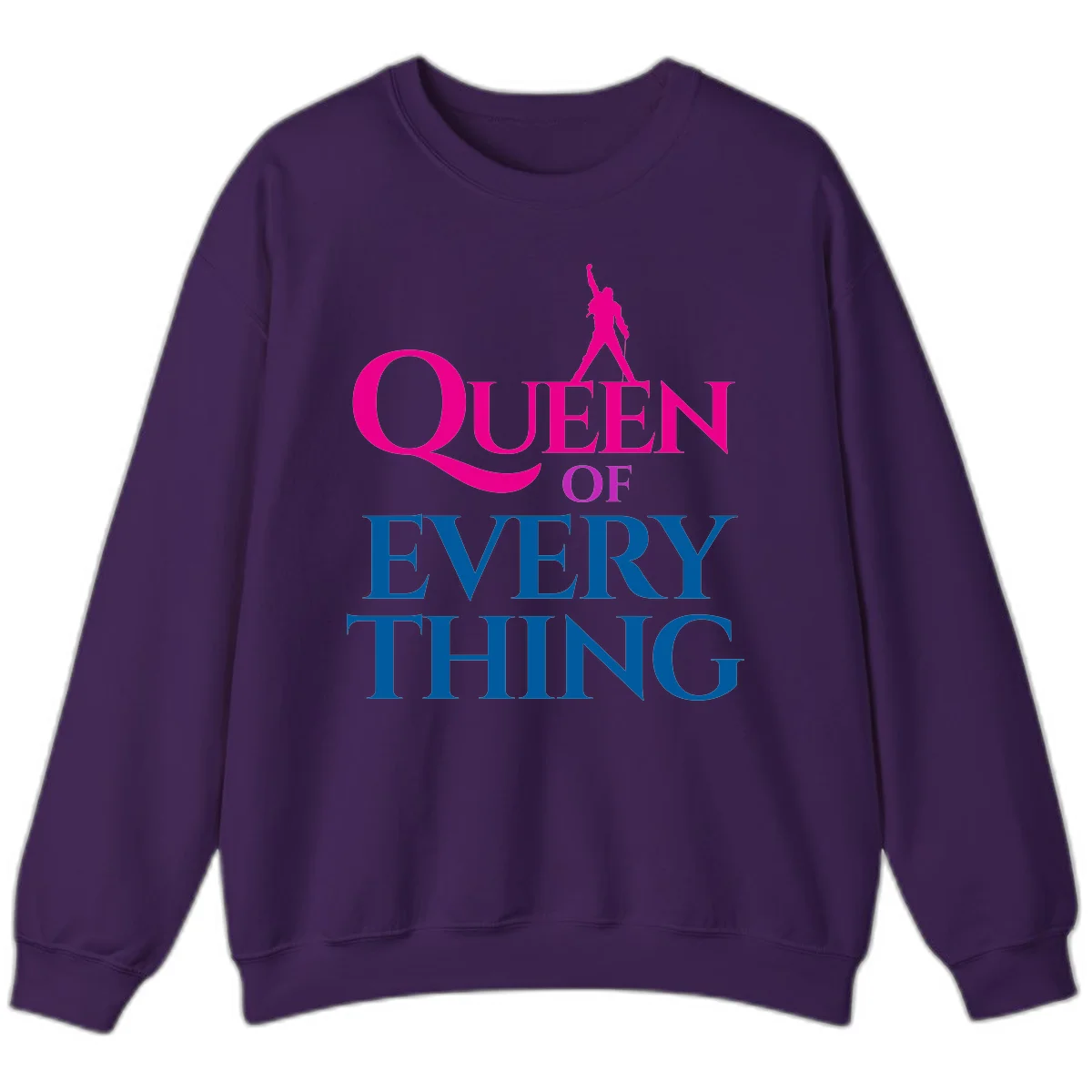 Magenta silhouette of confident figure with raised fist above bold 'Queen Of Every Thing' text in blue and pink in Purple