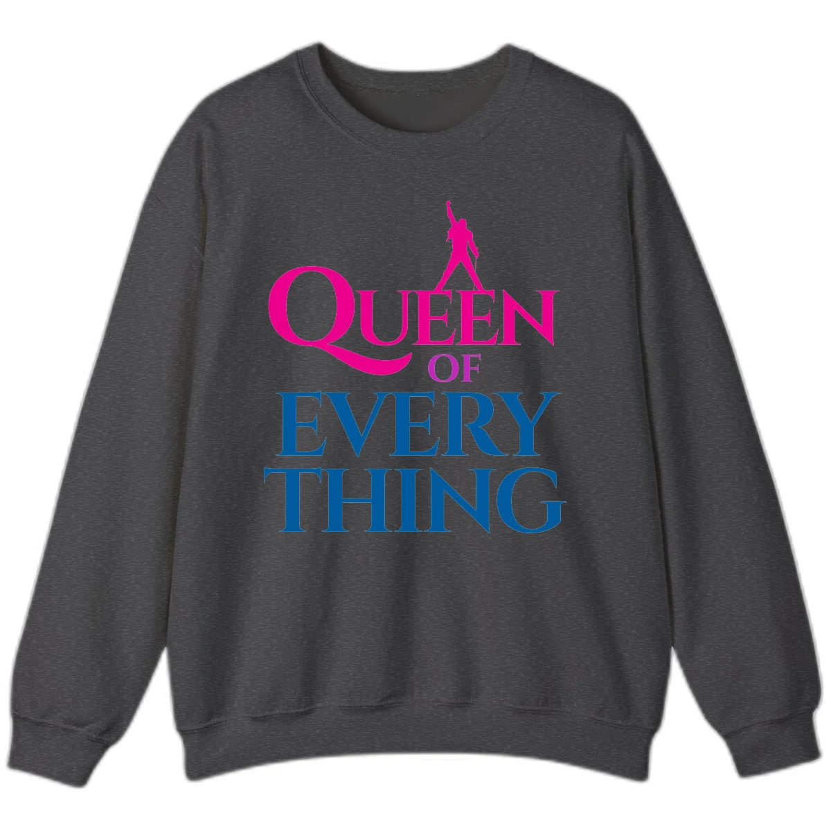 Magenta silhouette of confident figure with raised fist above bold 'Queen Of Every Thing' text in blue and pink in Dark Heather