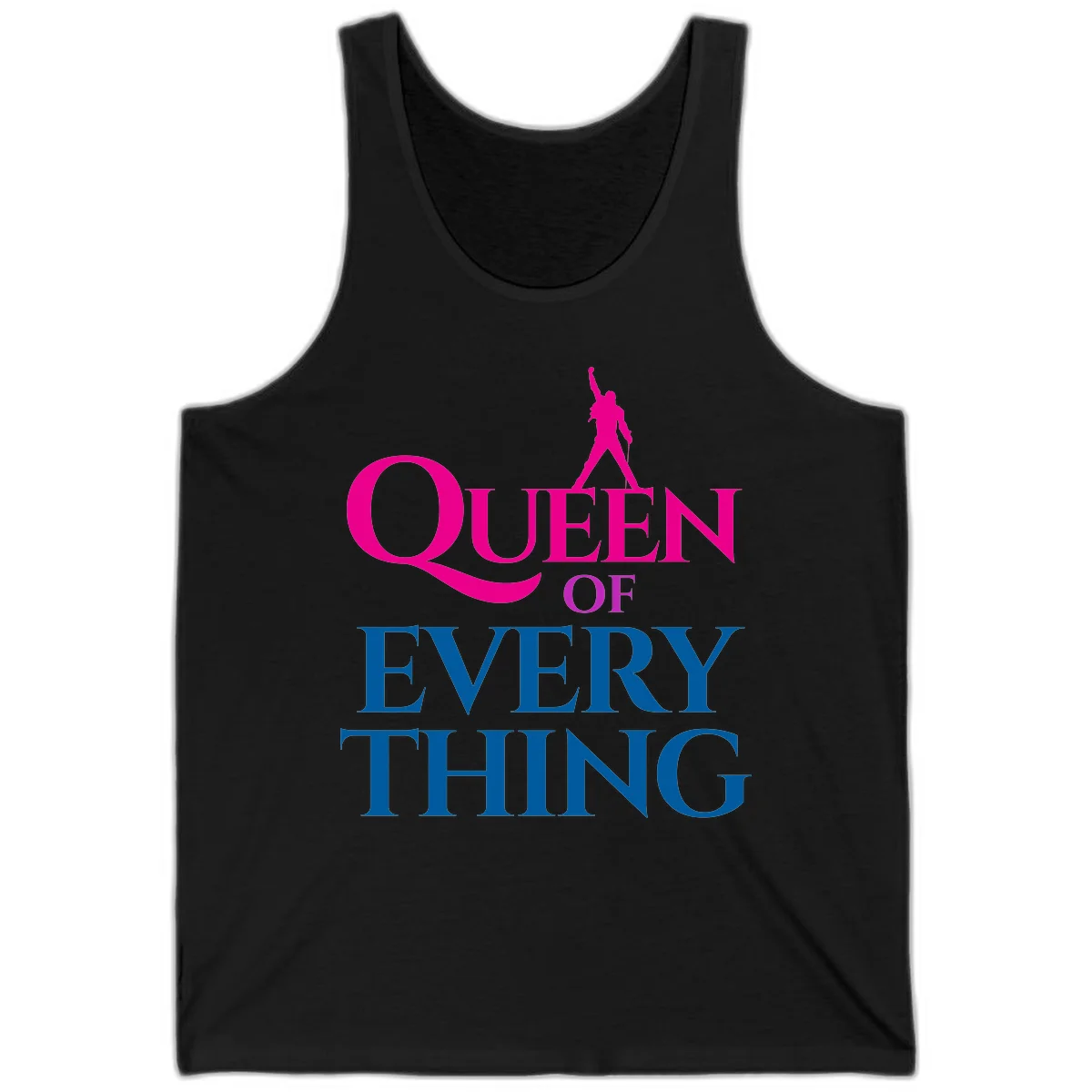 Magenta silhouette of confident figure with raised fist above bold 'Queen Of Every Thing' text in blue and pink in Black