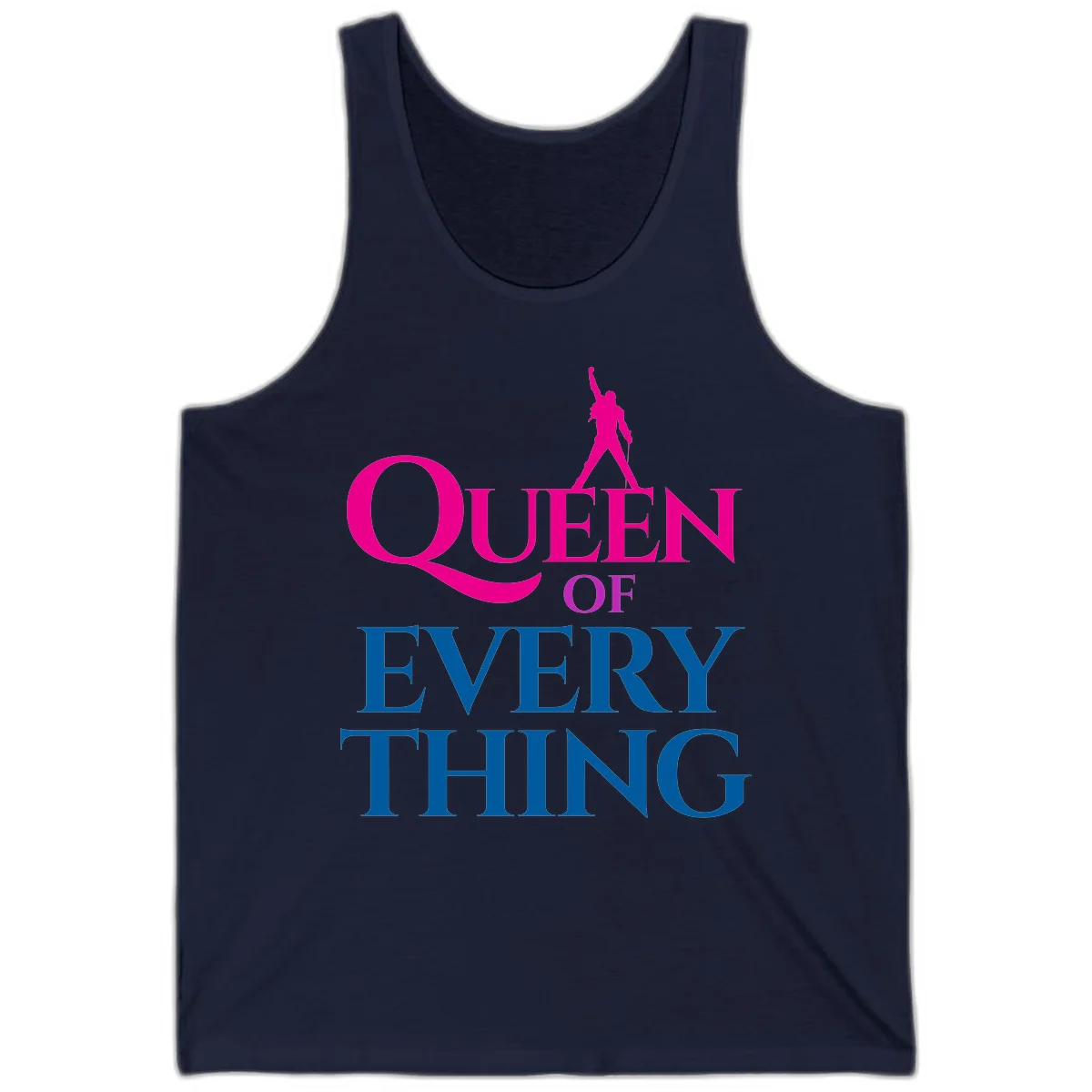 Magenta silhouette of confident figure with raised fist above bold 'Queen Of Every Thing' text in blue and pink in Navy