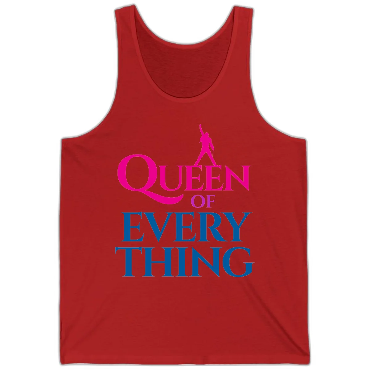 Magenta silhouette of confident figure with raised fist above bold 'Queen Of Every Thing' text in blue and pink in Red