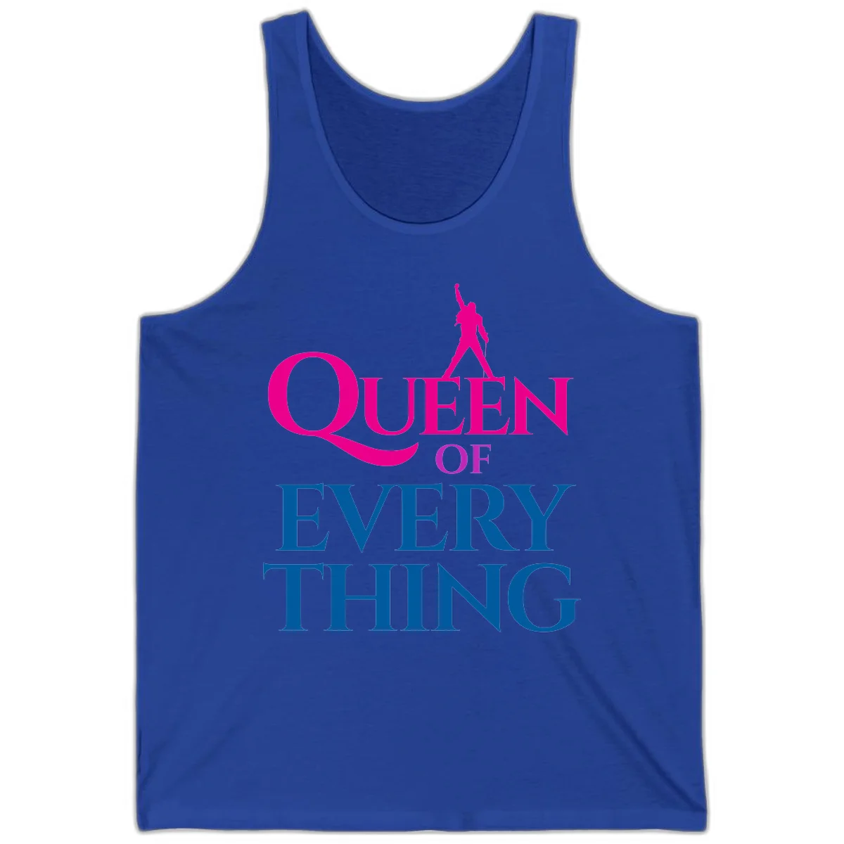 Magenta silhouette of confident figure with raised fist above bold 'Queen Of Every Thing' text in blue and pink in True Royal