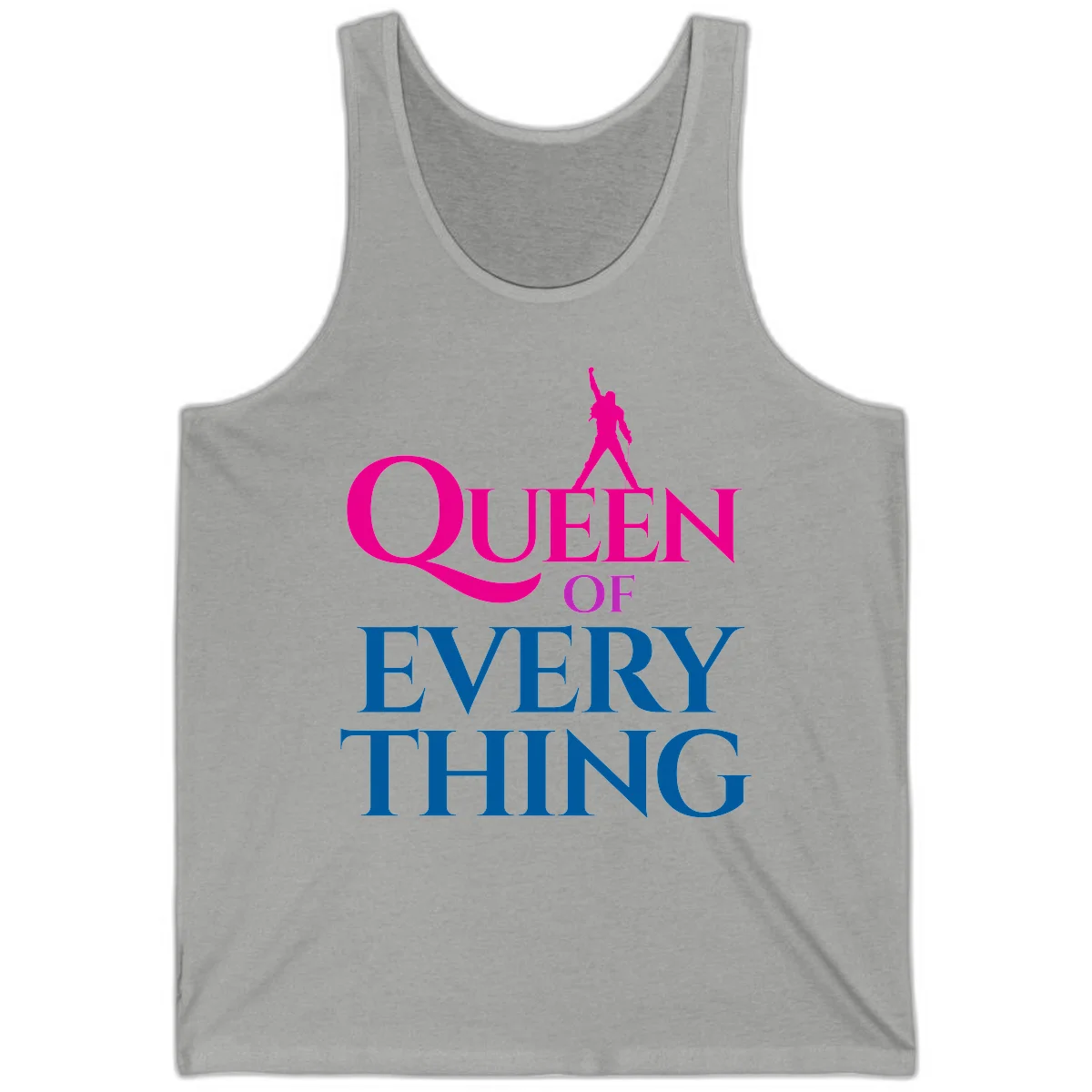 Magenta silhouette of confident figure with raised fist above bold 'Queen Of Every Thing' text in blue and pink in Athletic Heather