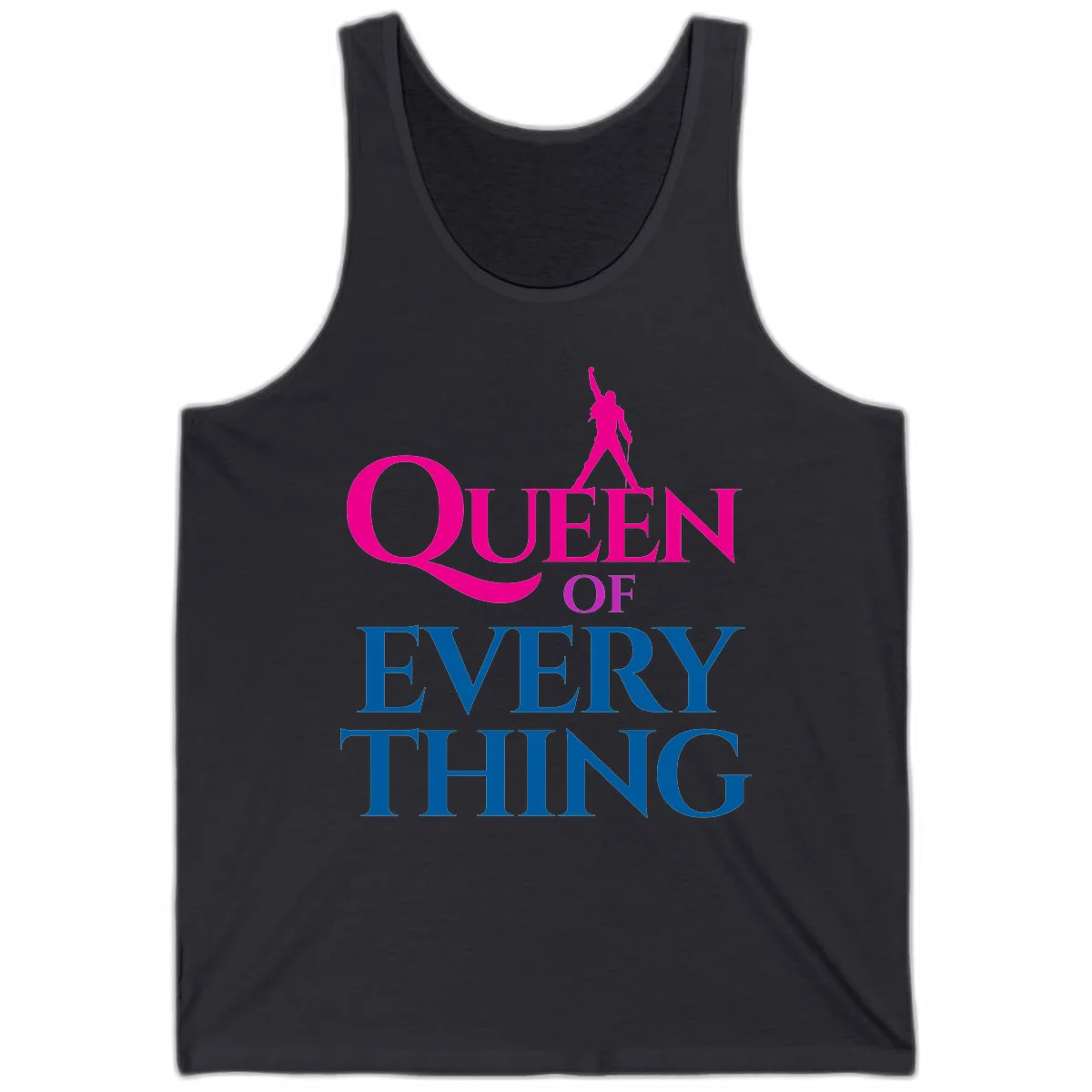 Magenta silhouette of confident figure with raised fist above bold 'Queen Of Every Thing' text in blue and pink in Dark Grey
