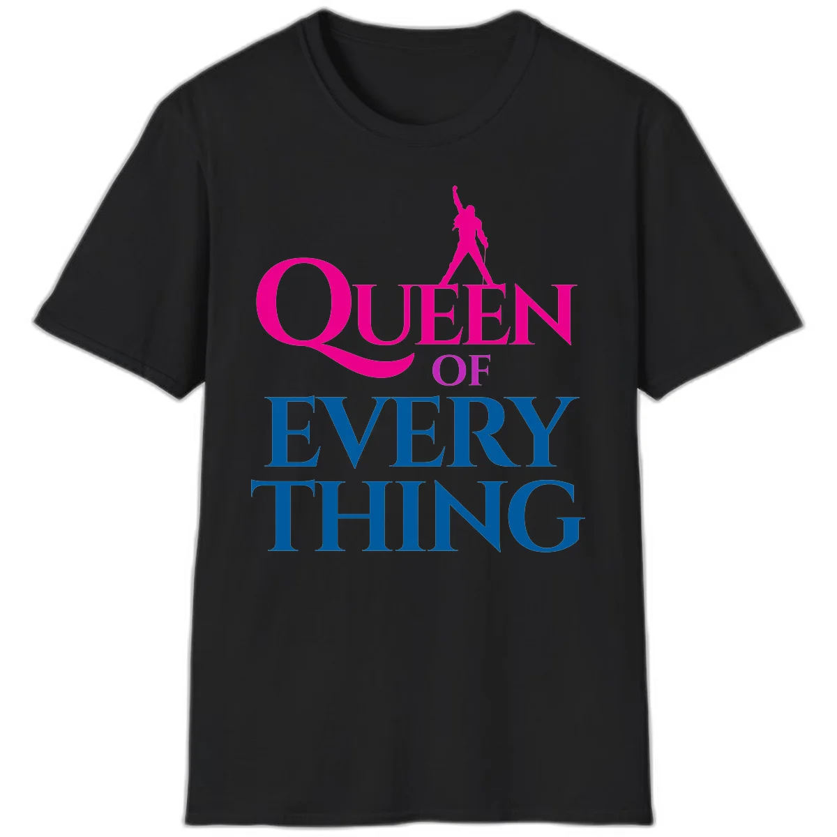 Magenta silhouette of confident figure with raised fist above bold 'Queen Of Every Thing' text in blue and pink in Black