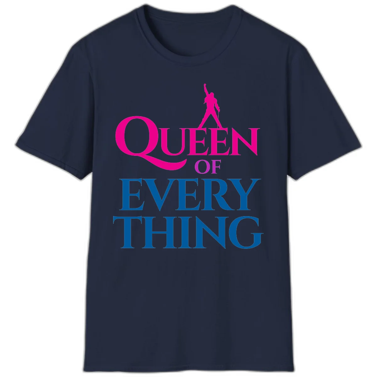 Magenta silhouette of confident figure with raised fist above bold 'Queen Of Every Thing' text in blue and pink in Navy