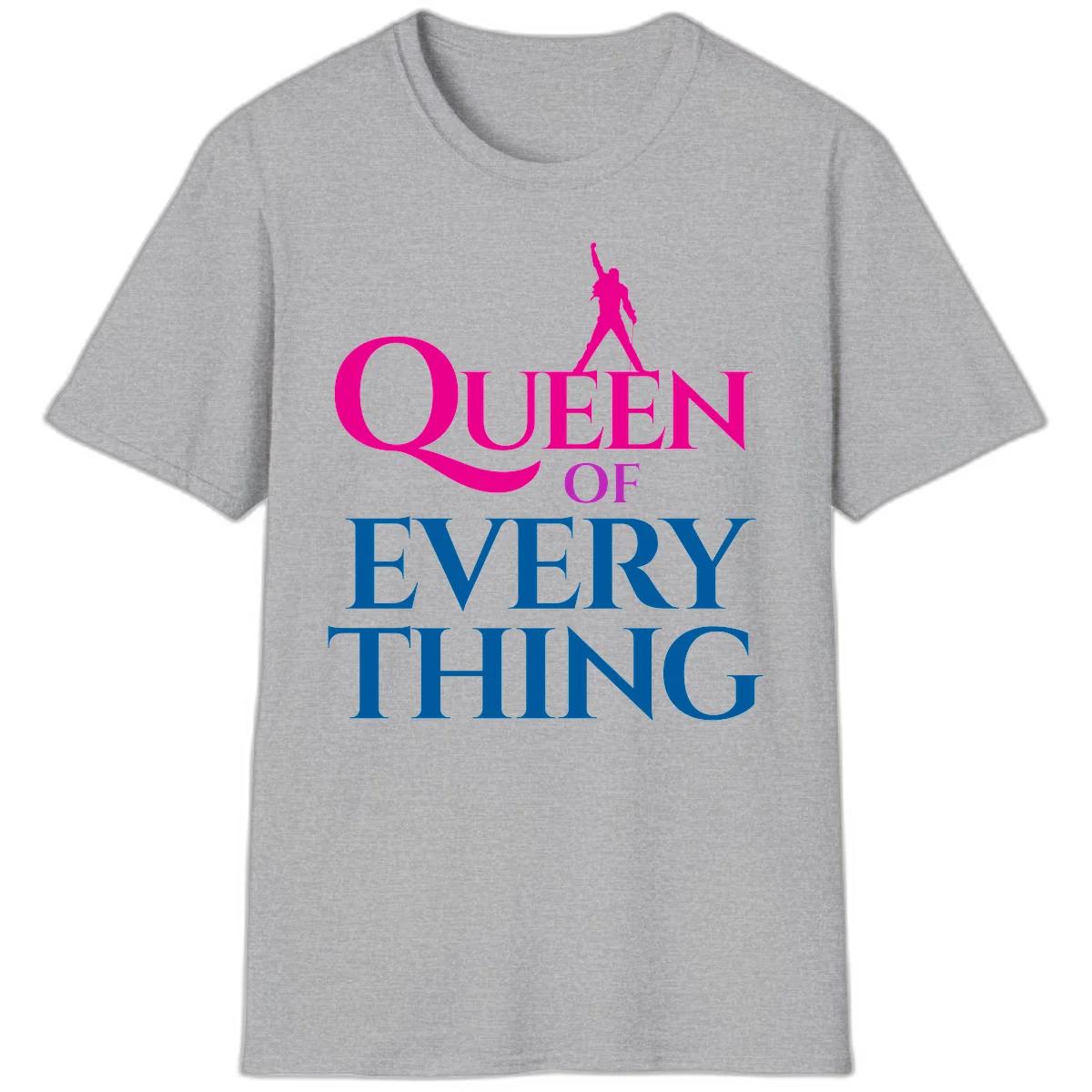 Magenta silhouette of confident figure with raised fist above bold 'Queen Of Every Thing' text in blue and pink in Sport Grey