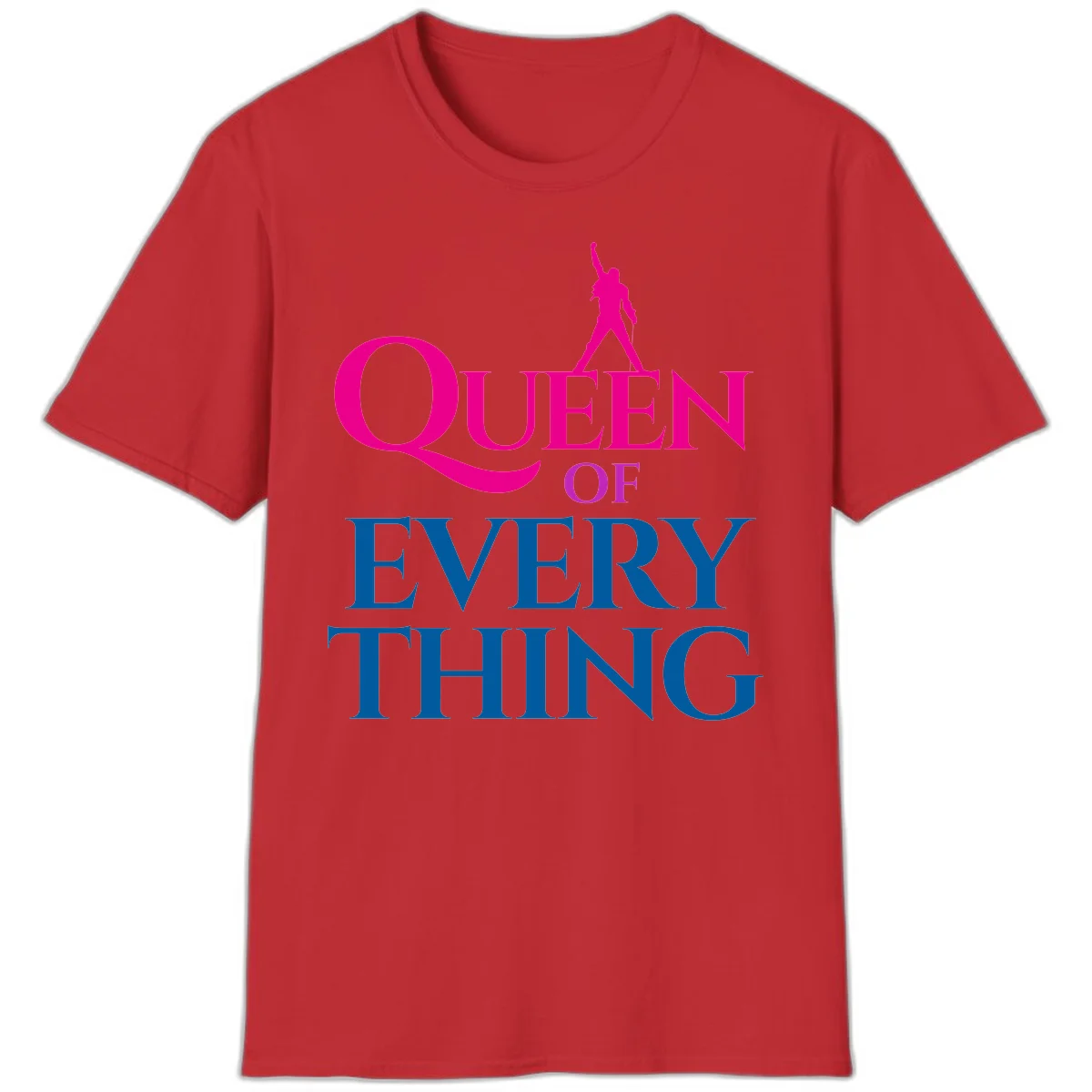 Magenta silhouette of confident figure with raised fist above bold 'Queen Of Every Thing' text in blue and pink in Red