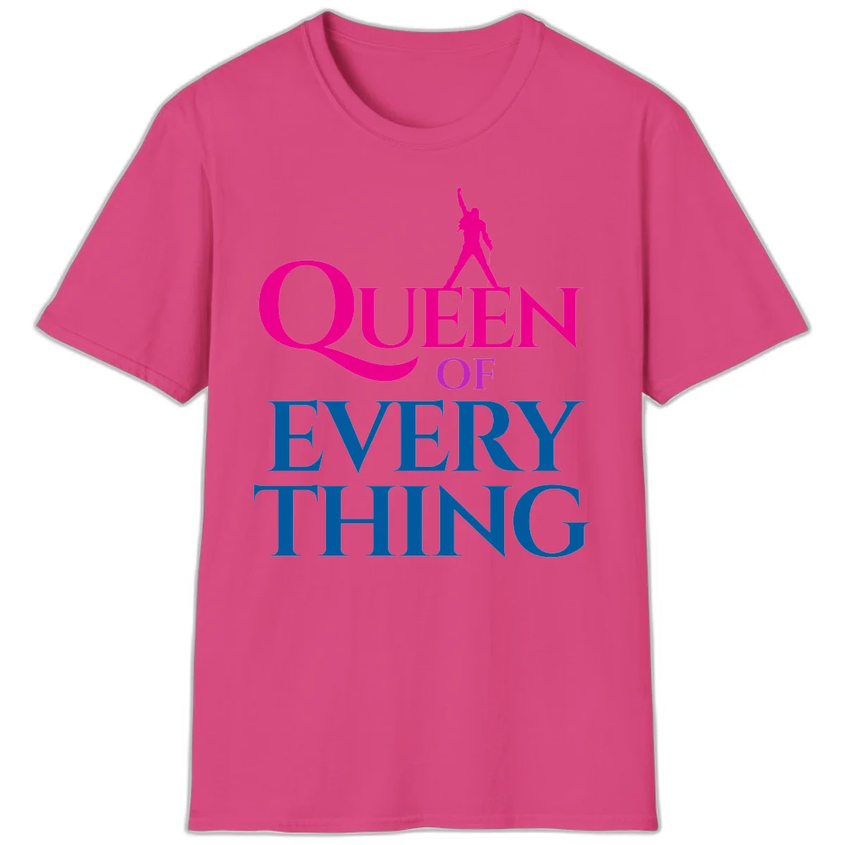 Magenta silhouette of confident figure with raised fist above bold 'Queen Of Every Thing' text in blue and pink in Heliconia