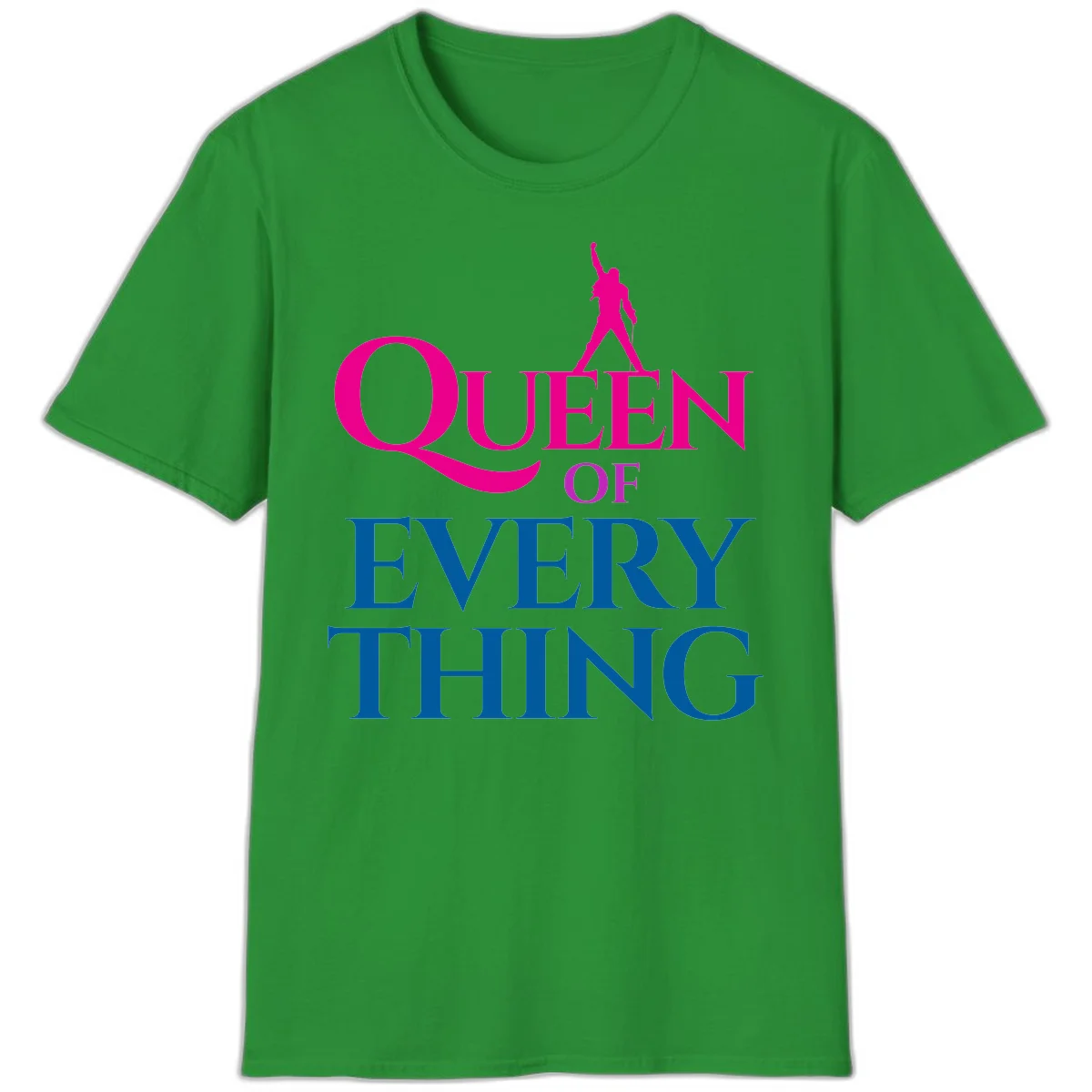 Magenta silhouette of confident figure with raised fist above bold 'Queen Of Every Thing' text in blue and pink in Irish Green