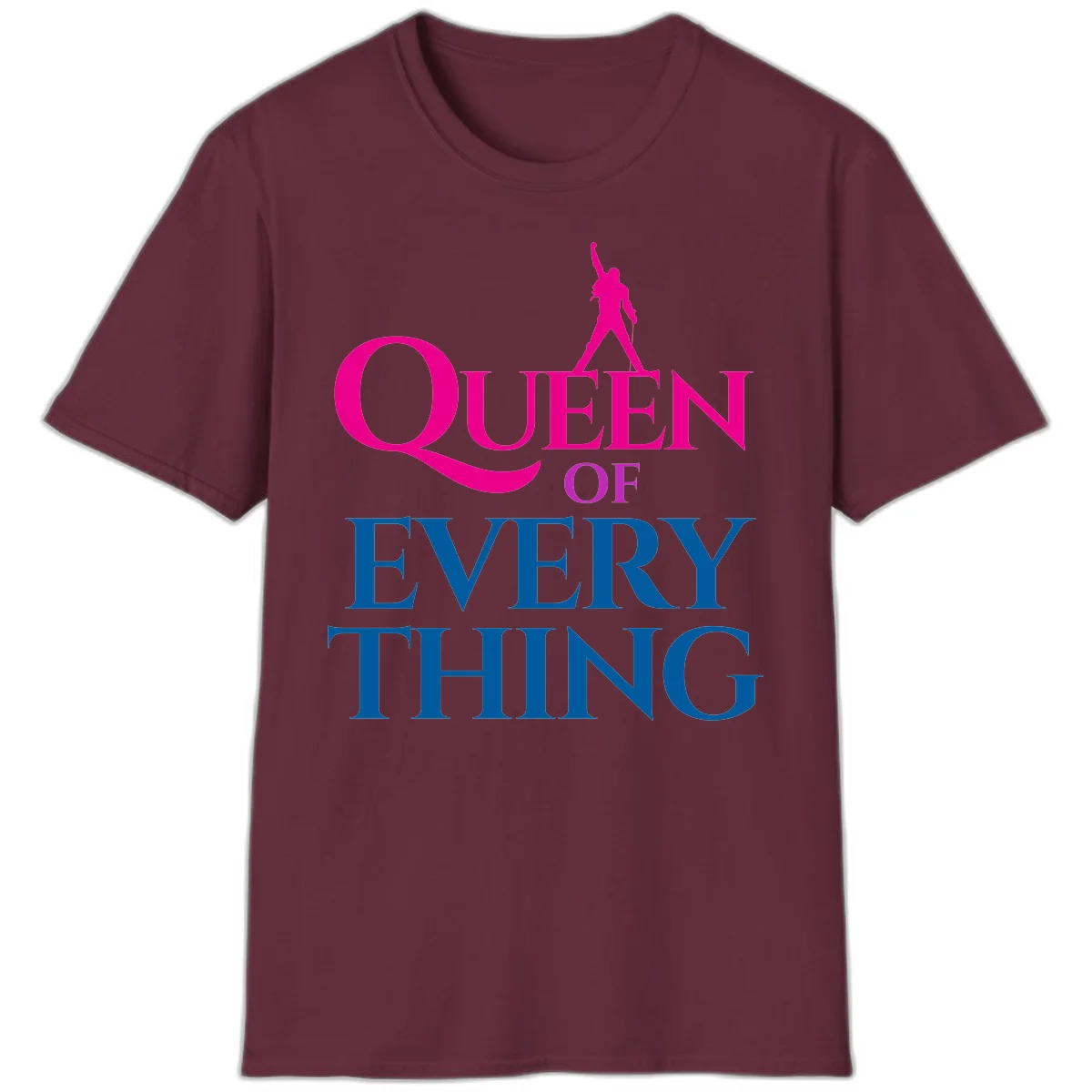Magenta silhouette of confident figure with raised fist above bold 'Queen Of Every Thing' text in blue and pink in Maroon