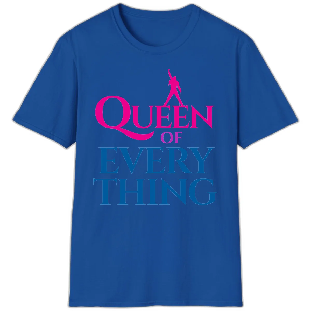 Magenta silhouette of confident figure with raised fist above bold 'Queen Of Every Thing' text in blue and pink in Royal