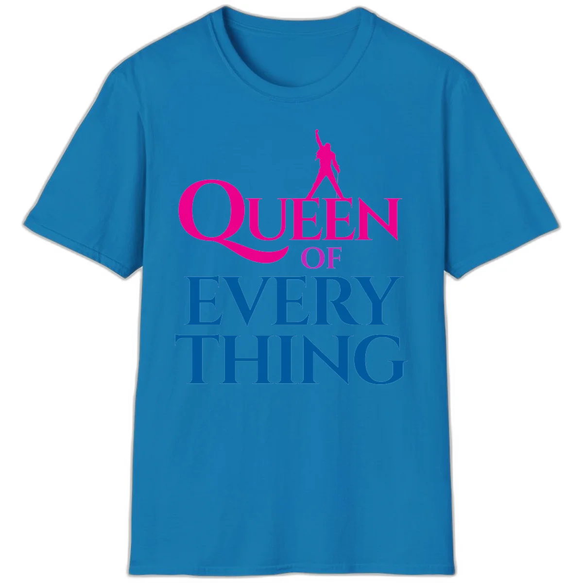 Magenta silhouette of confident figure with raised fist above bold 'Queen Of Every Thing' text in blue and pink in Sapphire