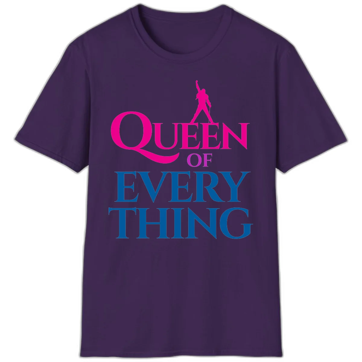 Magenta silhouette of confident figure with raised fist above bold 'Queen Of Every Thing' text in blue and pink in Purple