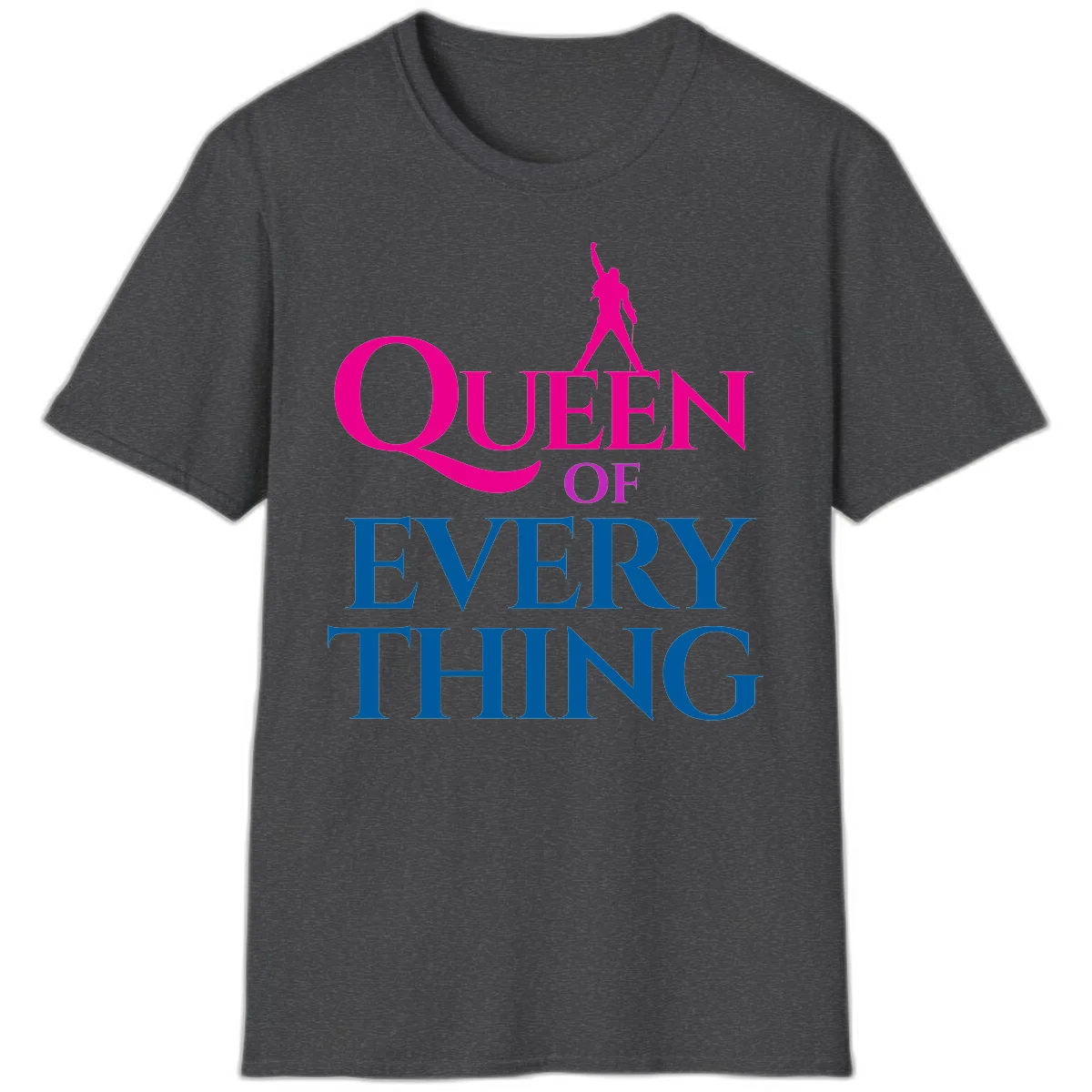 Magenta silhouette of confident figure with raised fist above bold 'Queen Of Every Thing' text in blue and pink in Dark Heather