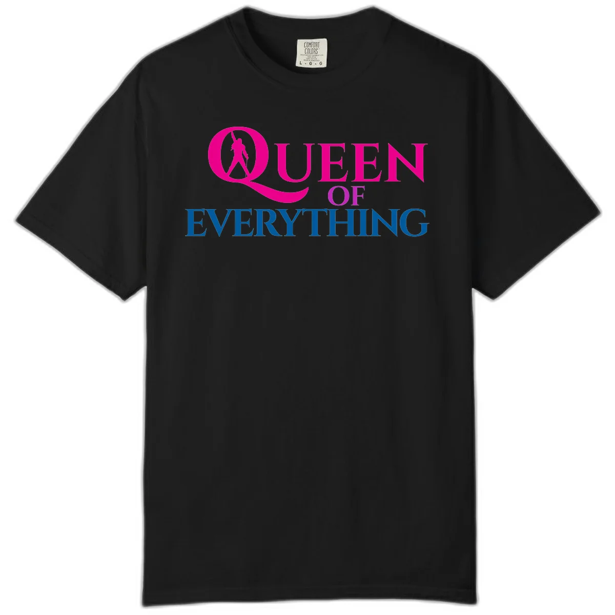 Queen of Everything design: magenta silhouette of crowned woman in oversized Q with pink and blue bold text on gray background in Black