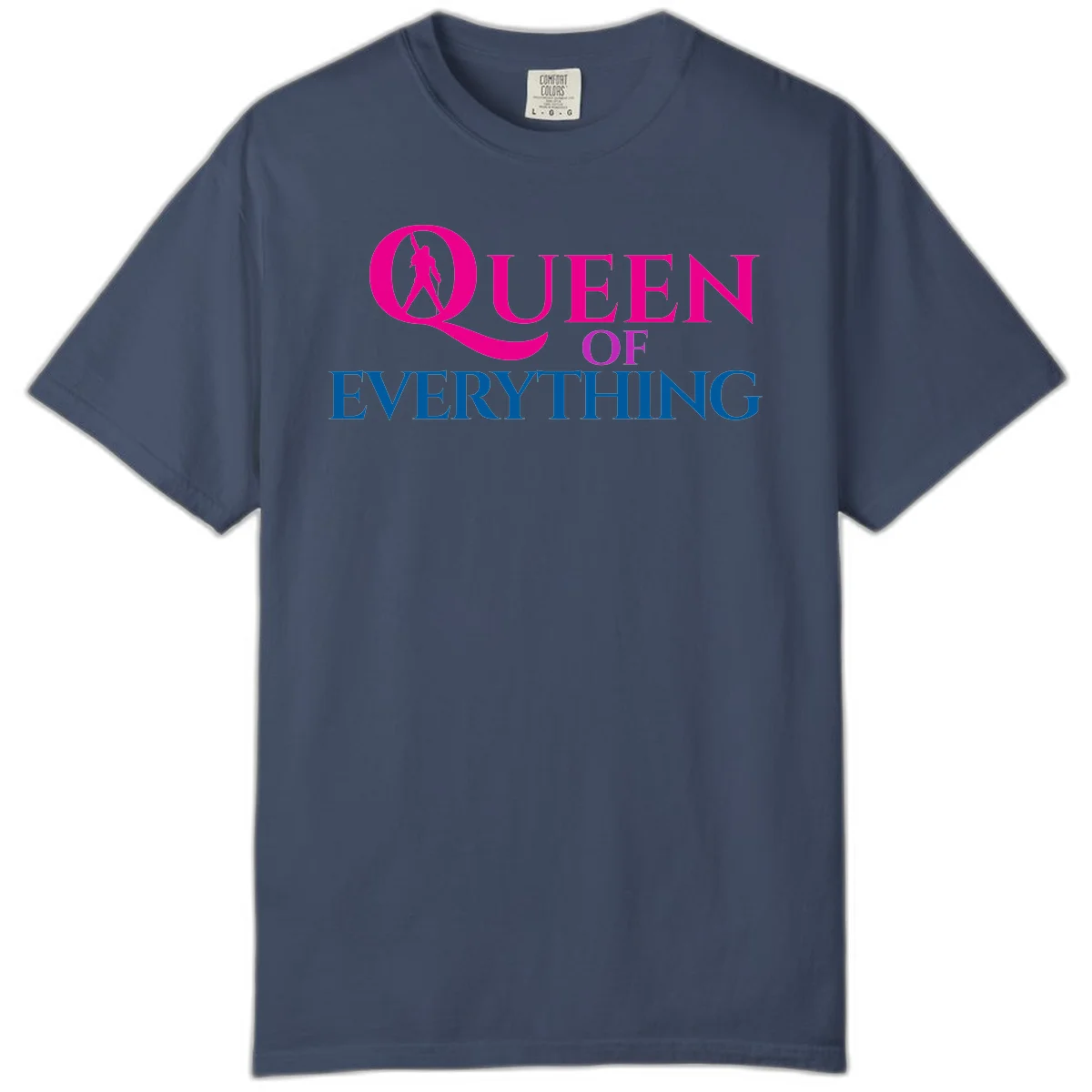 Queen of Everything design: magenta silhouette of crowned woman in oversized Q with pink and blue bold text on gray background in Midnight