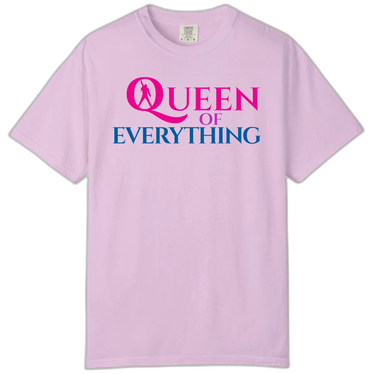 Queen of Everything design: magenta silhouette of crowned woman in oversized Q with pink and blue bold text on gray background in Orchid