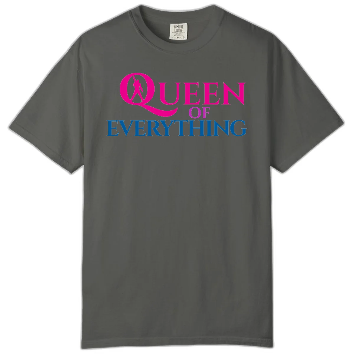 Queen of Everything design: magenta silhouette of crowned woman in oversized Q with pink and blue bold text on gray background in Pepper