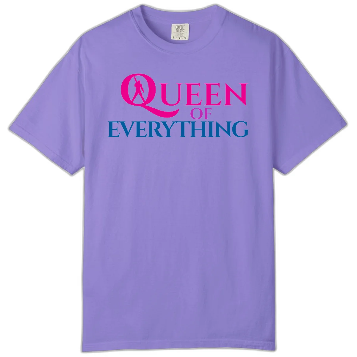 Queen of Everything design: magenta silhouette of crowned woman in oversized Q with pink and blue bold text on gray background in Violet