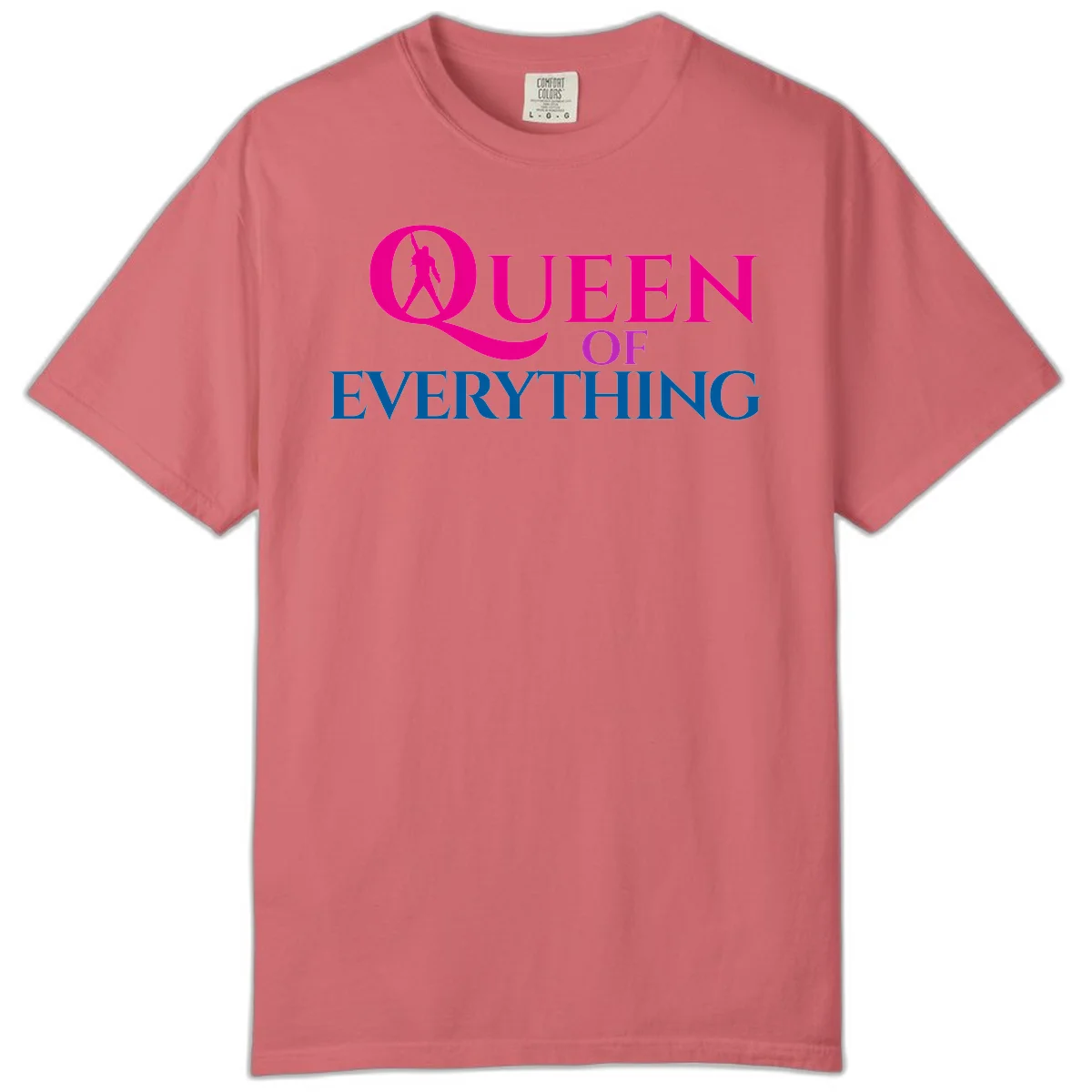 Queen of Everything design: magenta silhouette of crowned woman in oversized Q with pink and blue bold text on gray background in Watermelon