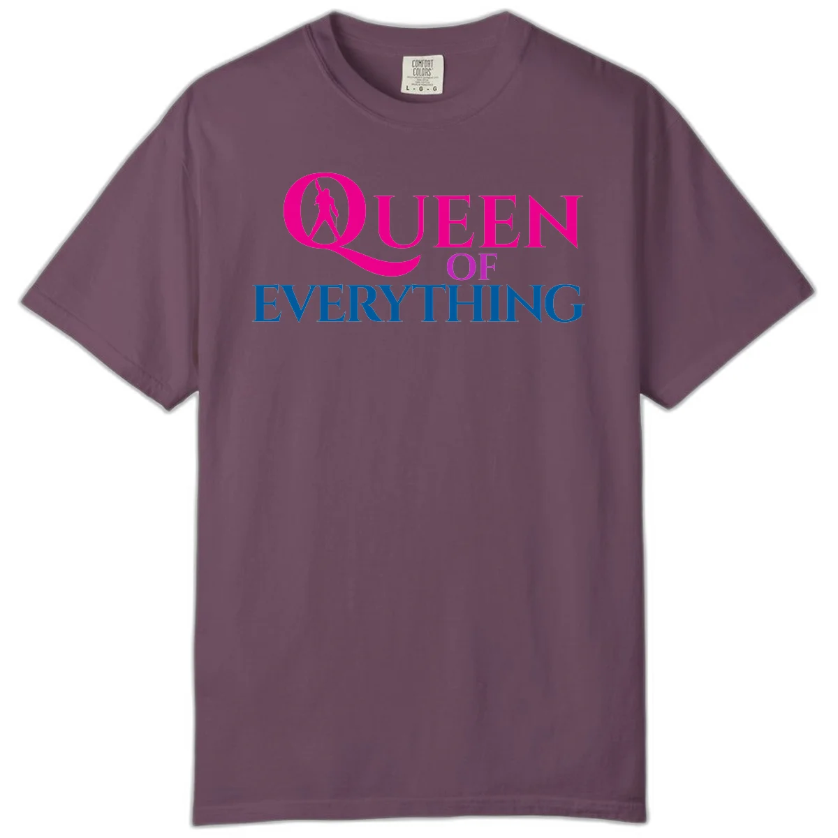 Queen of Everything design: magenta silhouette of crowned woman in oversized Q with pink and blue bold text on gray background in Berry